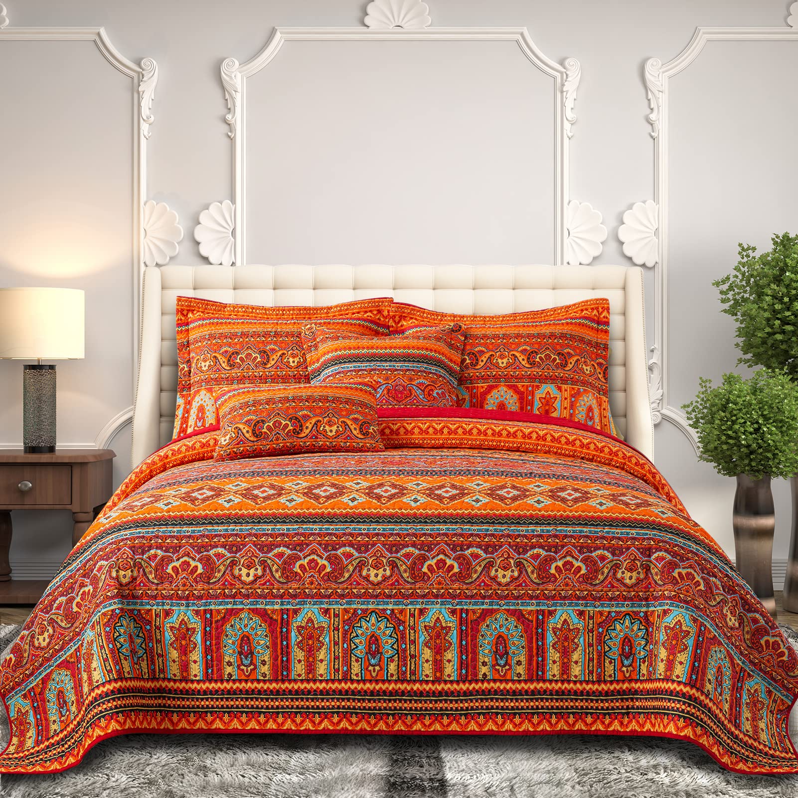 Bedifany Cotton Twin Size Bedspreads Set - Lightweight Boho Quilts Twin Size (68 * 86 Inch) - Colorful Orange Quilted Stripe Qui