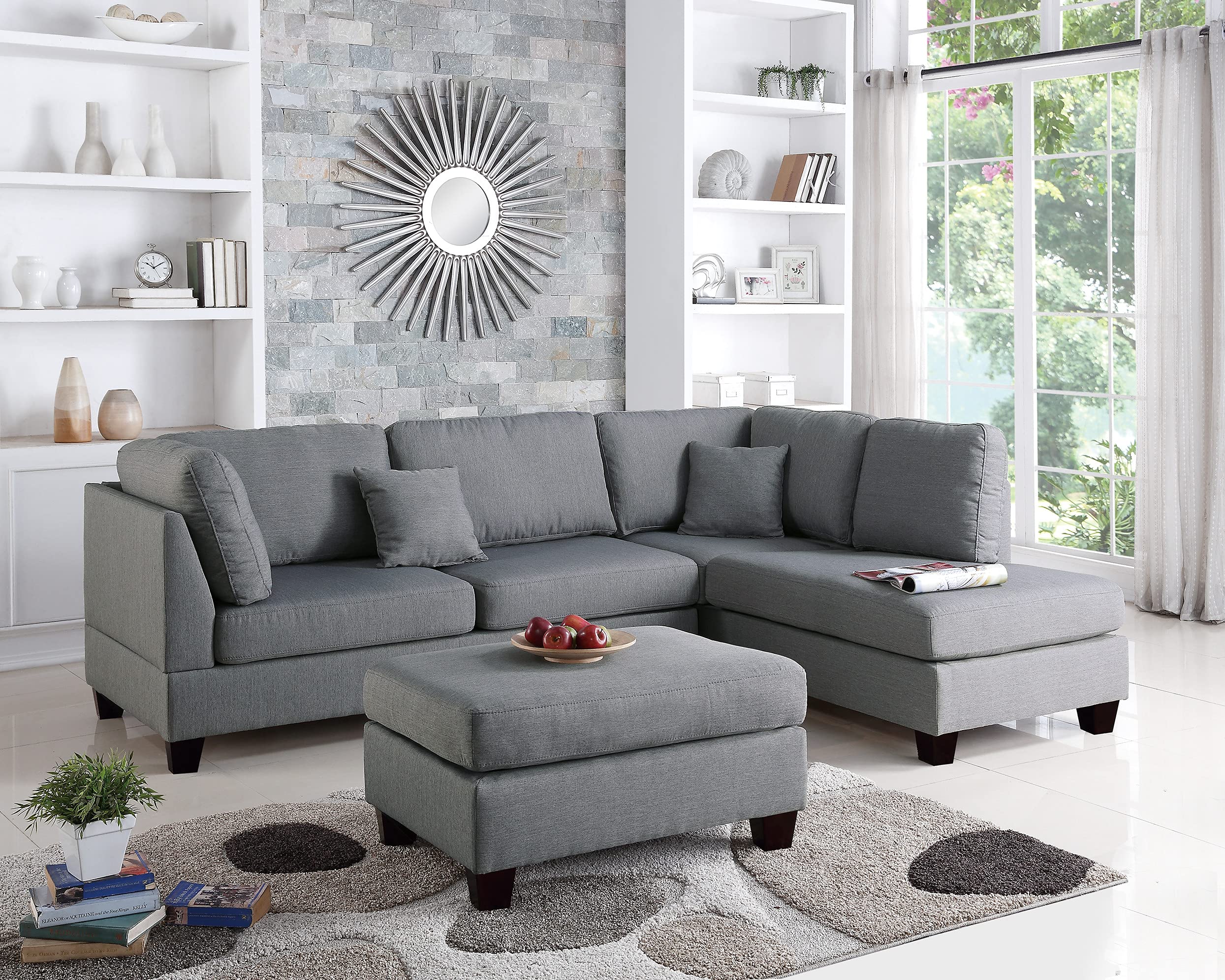 simple relax 3 Piece Polyfiber Sectional Sofa with Ottoman, Grey