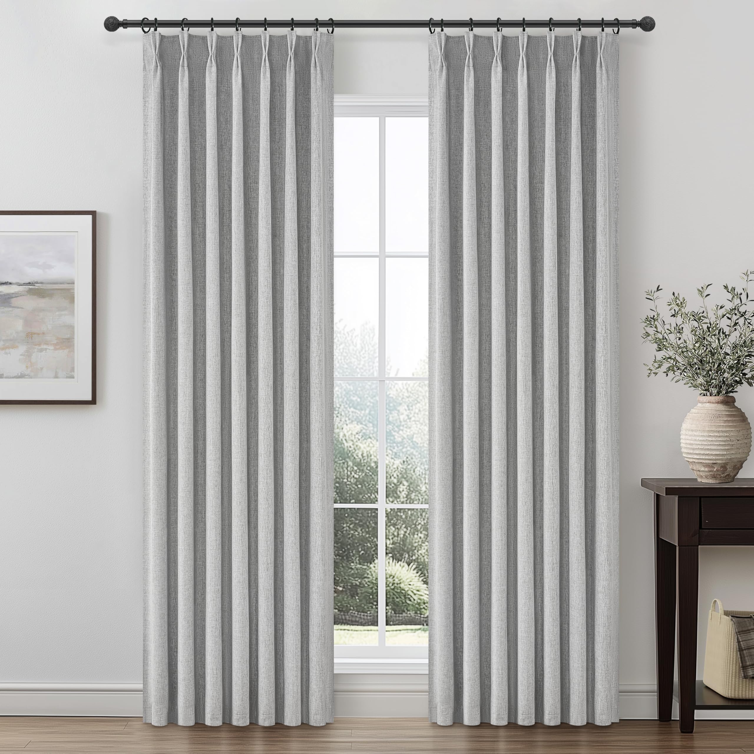Grey Black Out Curtains 84 Inch Long for Living Room, Pinch Pleated Flax Linen Modern Insulated Drapes with Hooks Back Tab Bedro