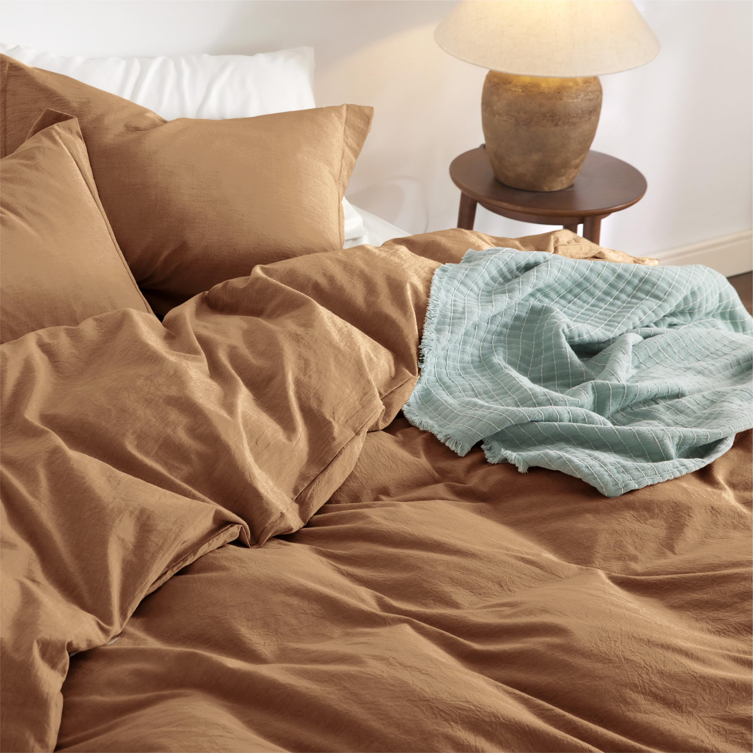 Bedsure 100% Washed Cotton Duvet Cover King Size - Brown Minimalist Cotton Duvet Cover Linen Like - 3 Pieces Gentlesoft™ Plain Simple Bedding Set With 2 Pillow Shams (Brown, King, 104'X90')