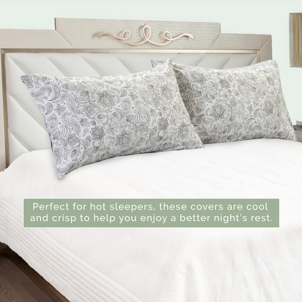 Elegant Comfort Ultra Soft Set Of 2 Floral Print Pillowcases - 1500 Premium Hotel Quality Microfiber, Soft And Smooth Envelope Closure 2-Piece Pillow Covers - King, Paisley Gray