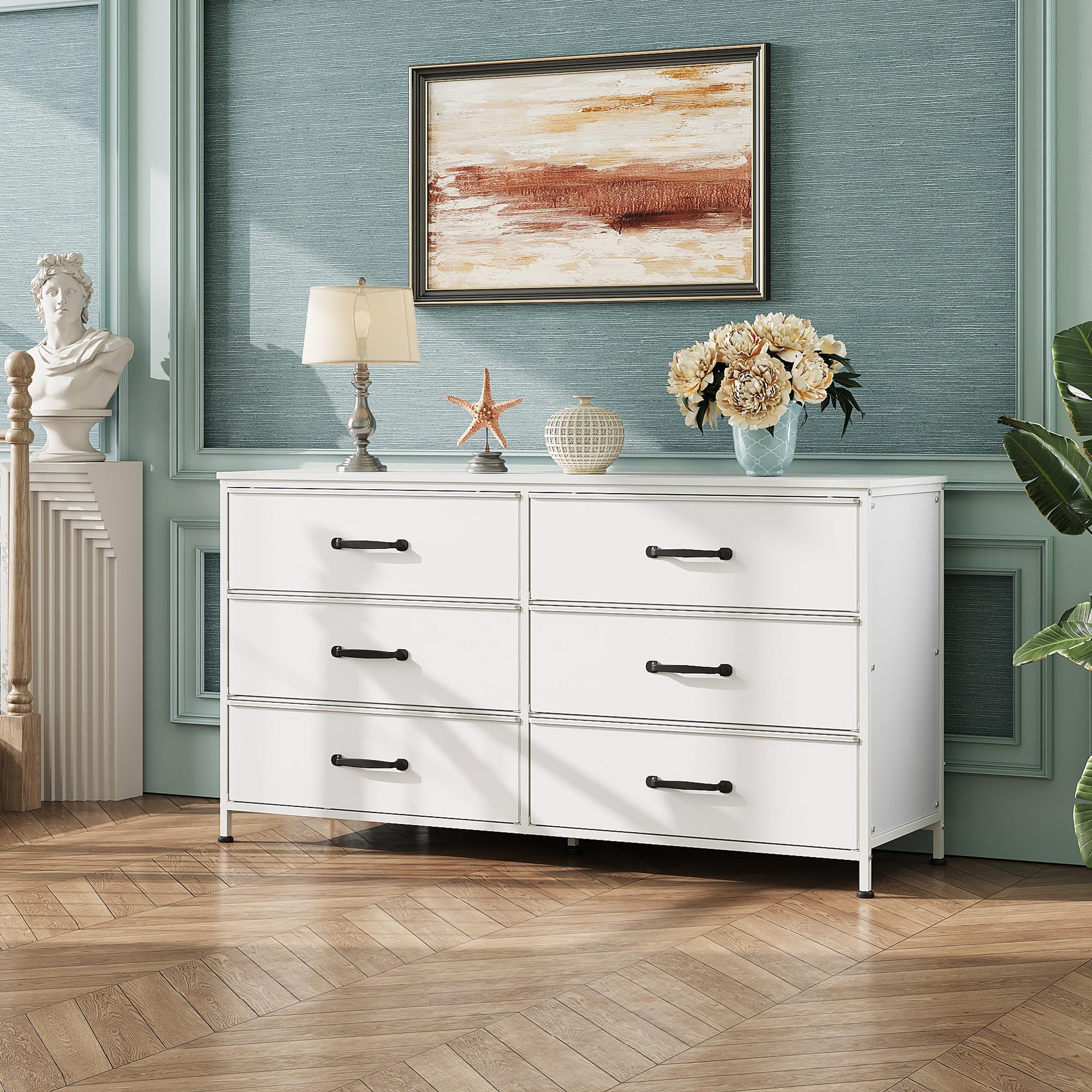 Wlive Wide Fabric Dresser, 6 Drawer Dresser Tv Stand For 60' Tv, Dressers Bedroom Furniture Large Storage Tower Unit With Fabric Bins, White Dresser For Bedroom, Closet, Hallway, White