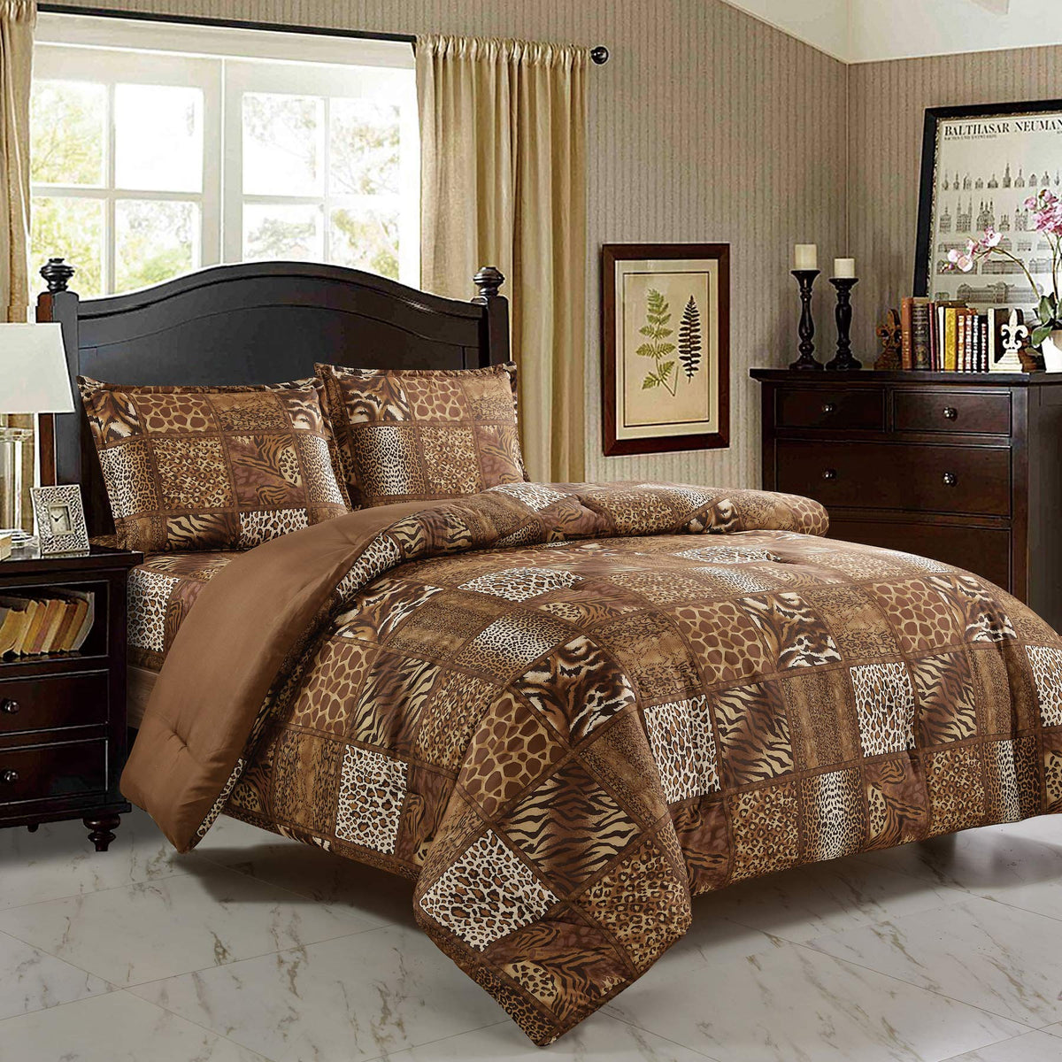 Wpm World Products Mart 3 Piece Animal Print Comforter With Pillow Sham, Chocolate Brown Leopard Zebra Giraffe Jungle Forest The