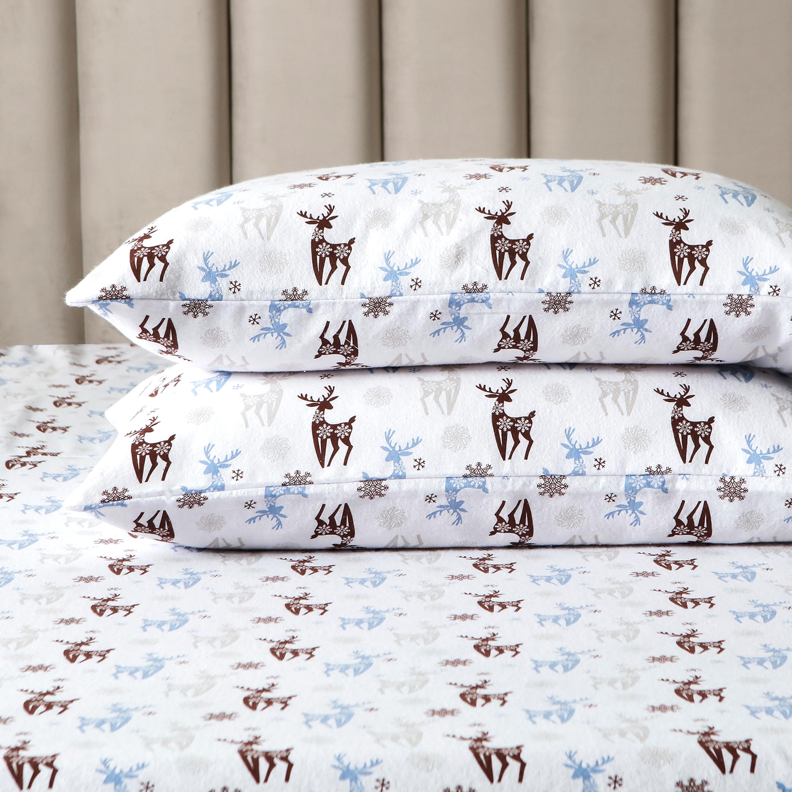 Elegant Comfort Ultra Soft 4-Piece 100% Turkish Cotton Flannel Sheet Set - Holiday Christmas Flannel Sheets, Warm And Cozy Premium Quality, Deep Pocket Fitted Sheet- Full, Brown Deer