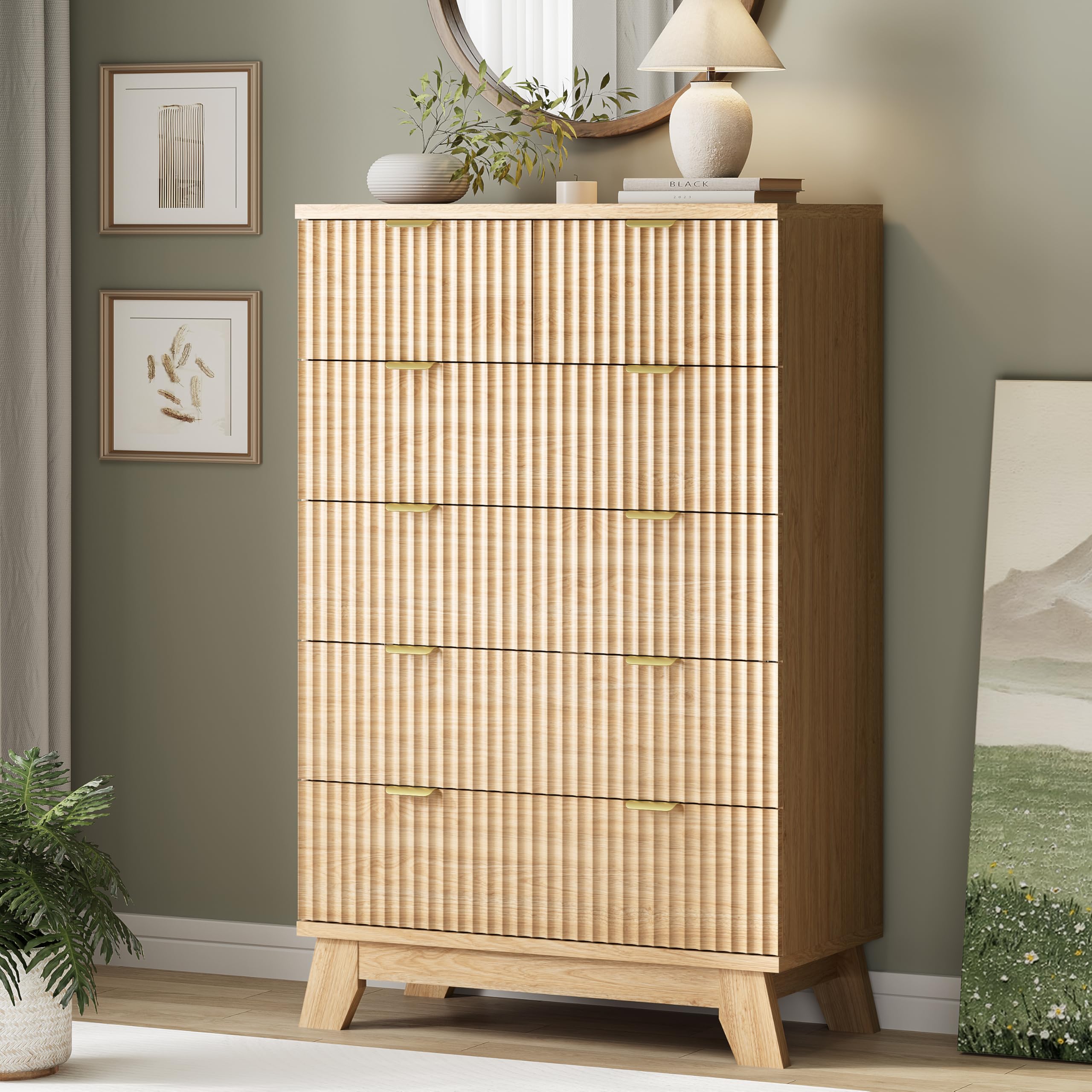 Fluted Dresser for Bedroom with 6 Drawers, 46 Tall Modern Chest of Drawers with Metal Handle, Wooden Dresser TV Stand, Wood Clos