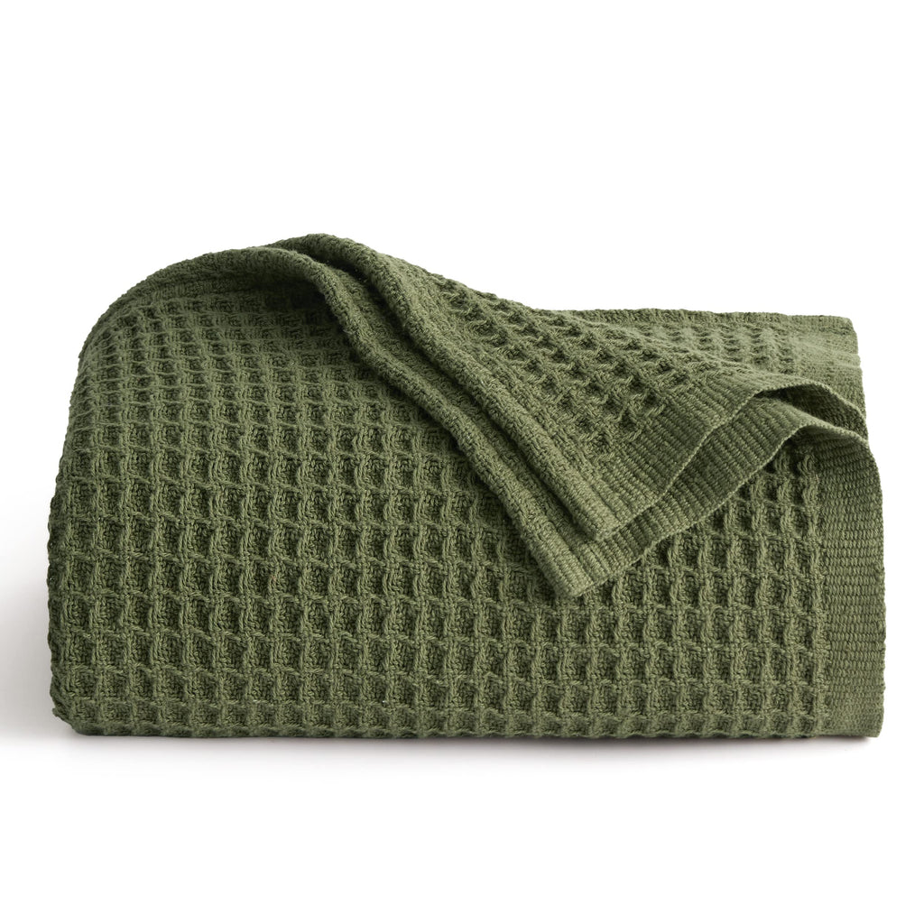 Bedsure 100% Cotton Large Throw Blanket For Couch - Waffle Weave Olive Green Throw Blanket For Bed, Lightweight And Soft Fall Th
