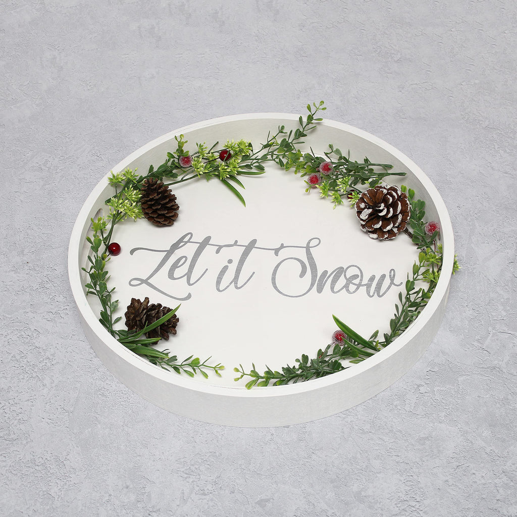 Elegant Designs Decorative 13.75'' Round Wood Serving Tray W/ Handles, ''Let It Snow''