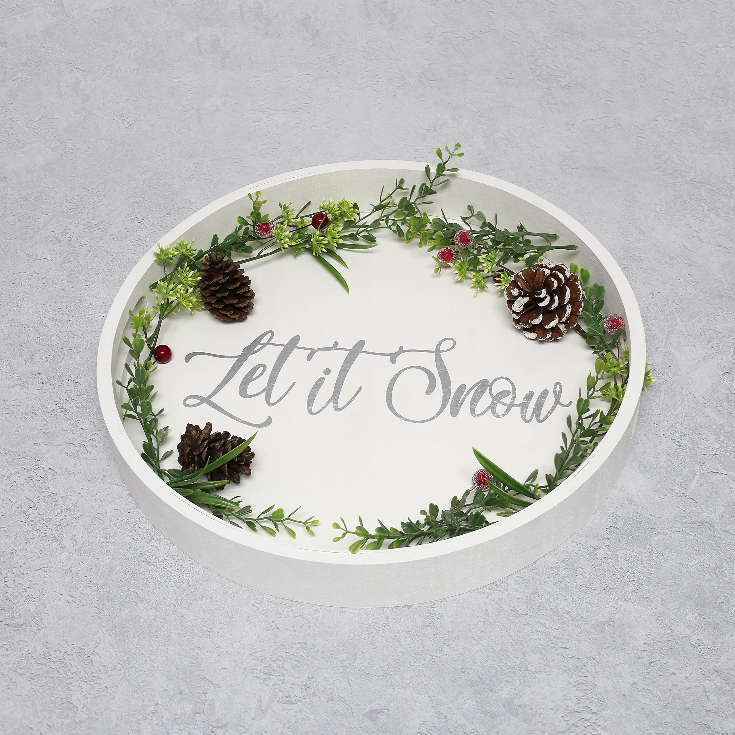 Elegant Designs Decorative 13.75'' Round Wood Serving Tray W/ Handles, ''Let It Snow''