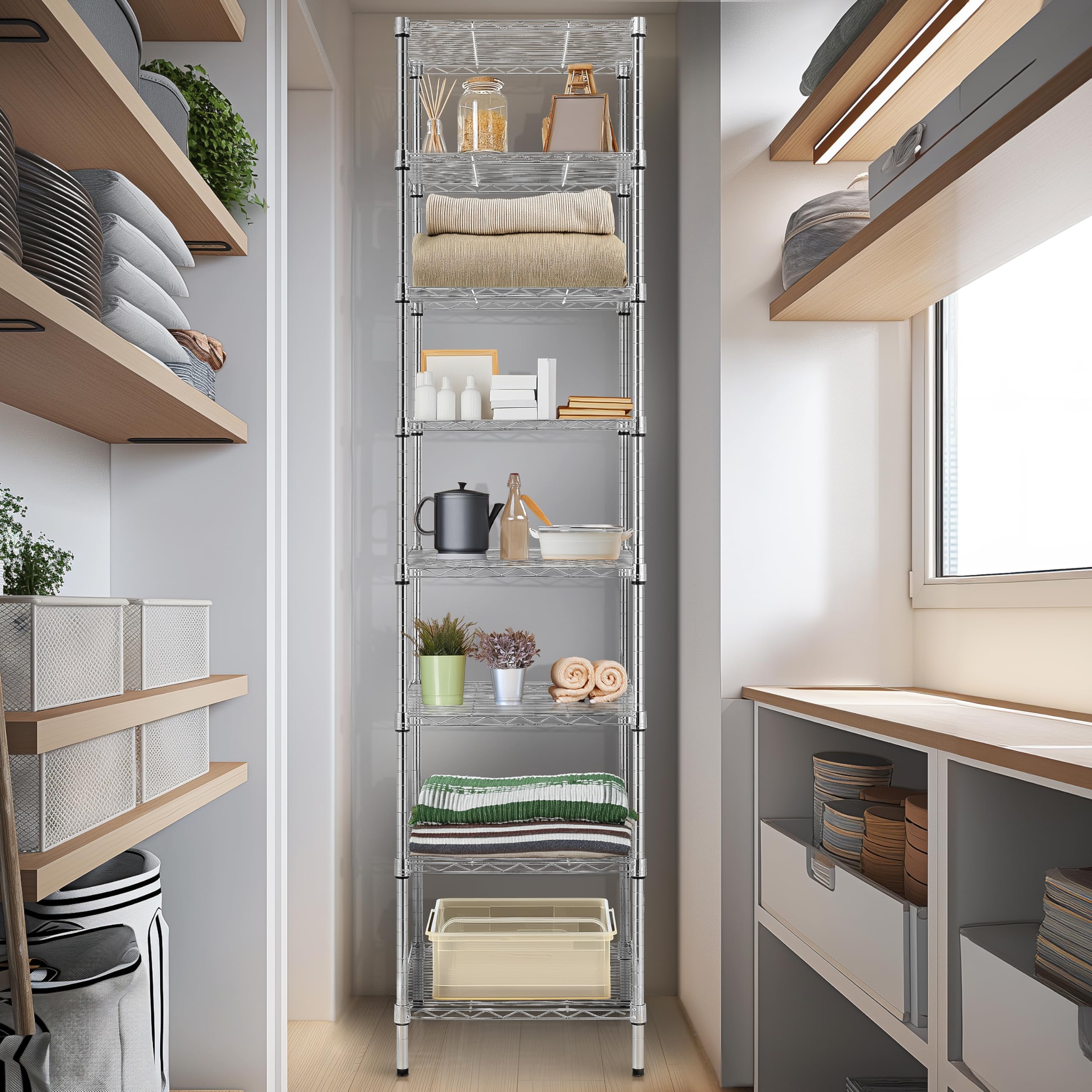 Finnhomy Heavy Duty 8 Tier Wire Shelving, 18X18X78.8 Inches 8 Shelves Storage Rack With Thicken Steel Tube, Pantry Shelves For Storage, Adjustable Metal Shelving Unit, Nsf Certified, Chrome