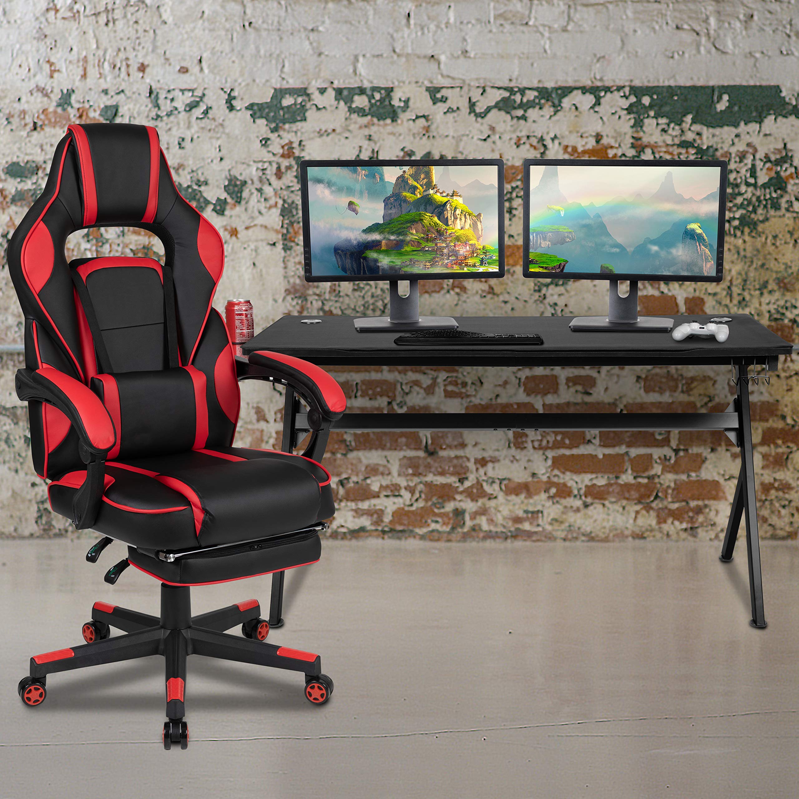 Flash Furniture Optis Gaming Desk With Cup Holder/Headphone Hook/Removable Mousepad Top & Red Reclining Back/Arms Gaming Chair With Footrest
