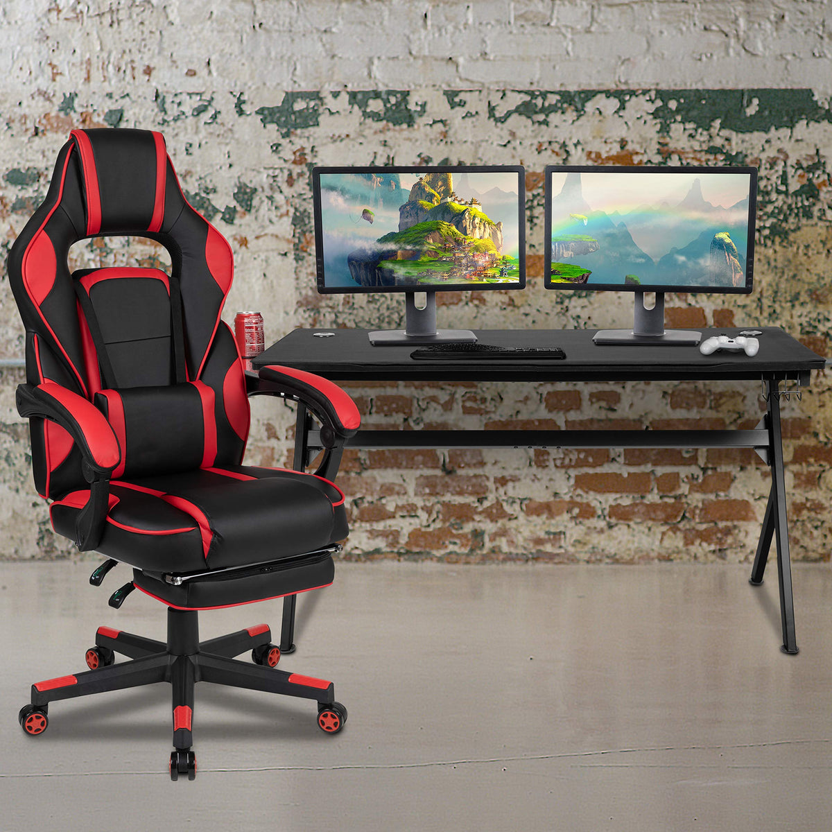 Flash Furniture Optis Gaming Desk With Cup Holder/Headphone Hook/Removable Mousepad Top & Red Reclining Back/Arms Gaming Chair With Footrest