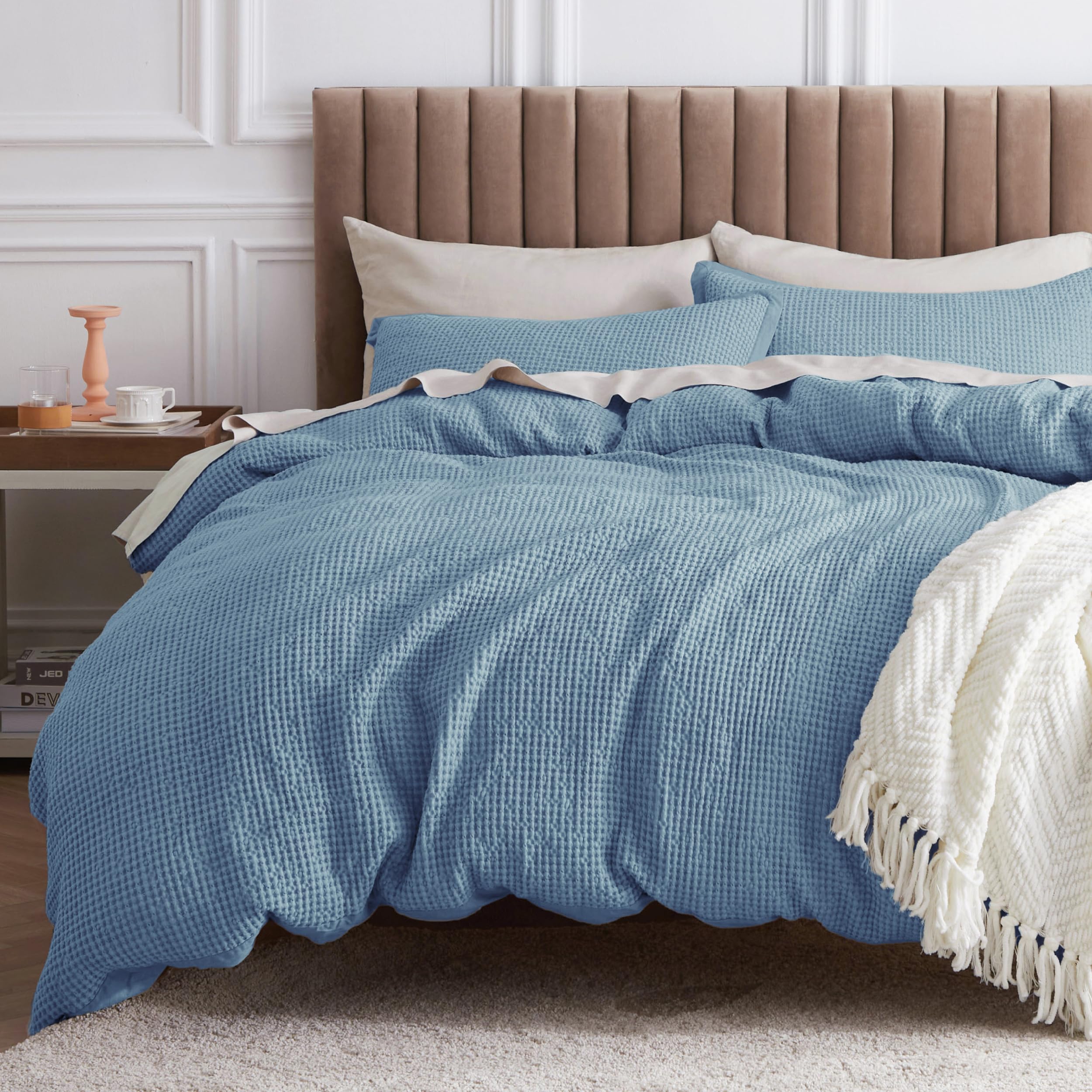 Bedsure Cotton Duvet Cover King - 100% Cotton Waffle Weave Grey Blue Duvet Cover King Size, Soft And Breathable King Duvet Cover