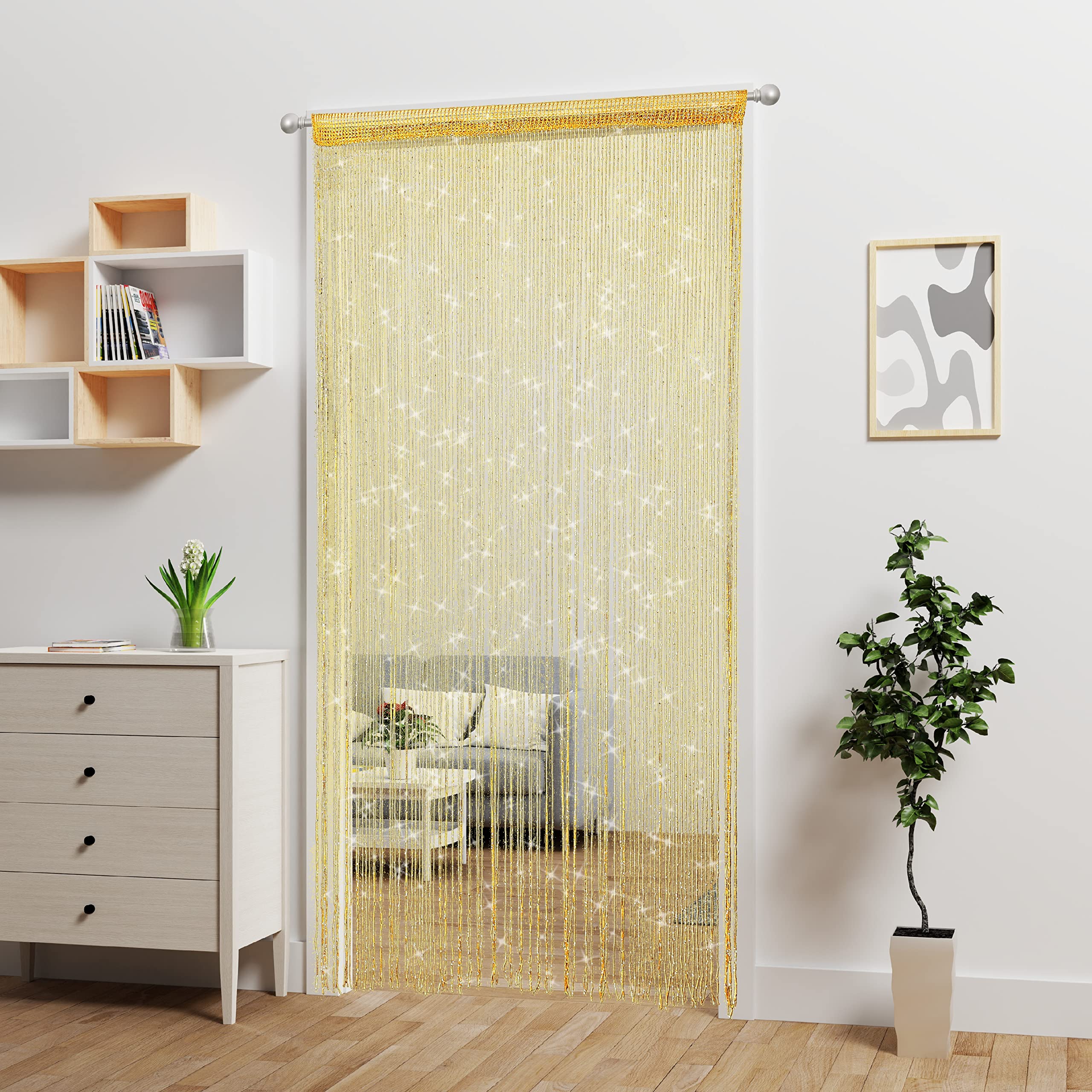 4 Pcs Door String Curtain Doorway Beads Curtains,Hanging Room Divider Beaded Decor Hippie Glitter Fringe Panel Closet Window Wal