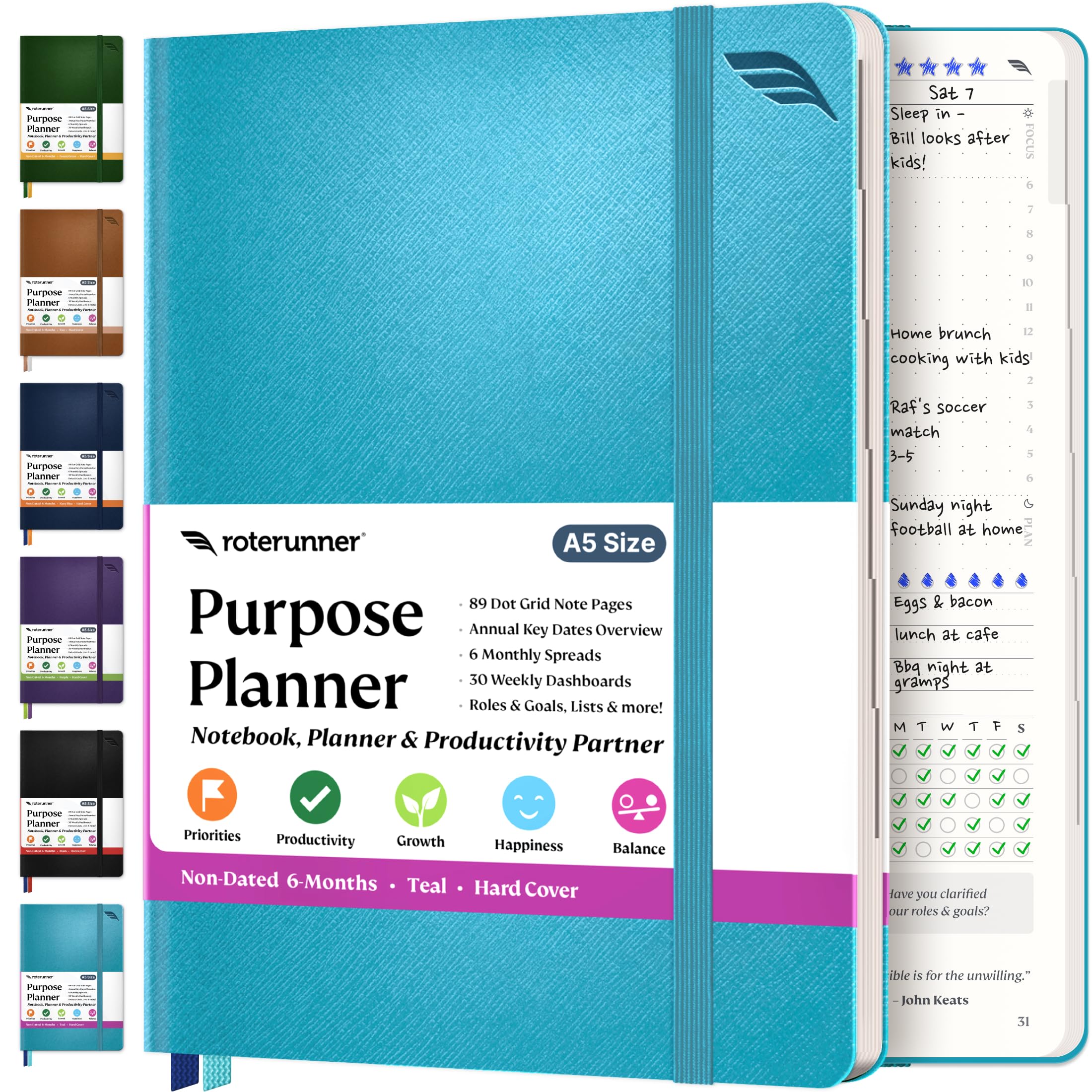 Roterunner Purpose Planner Notebook A5 5.8   X8.3    Undated 2025 Daily Weekly And Monthly Productivity Goal Setting Tool For Wo