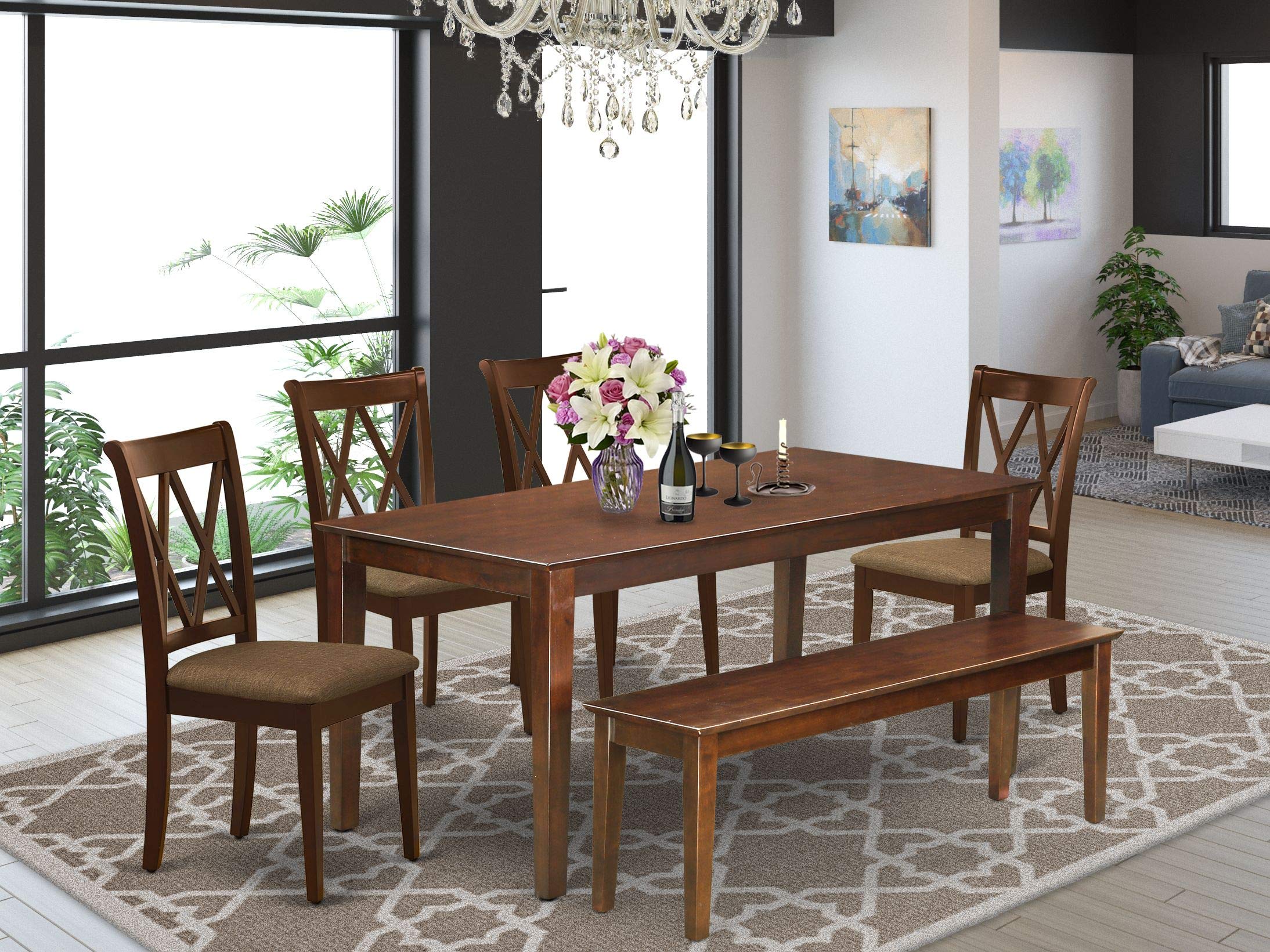 East West Furniture Ducl6-Mah-C Dudley 6 Piece Kitchen Set Contains A Rectangle Room Table And 4 Linen Fabric Dining Chairs With A Bench, 36X60 Inch, Mahogany