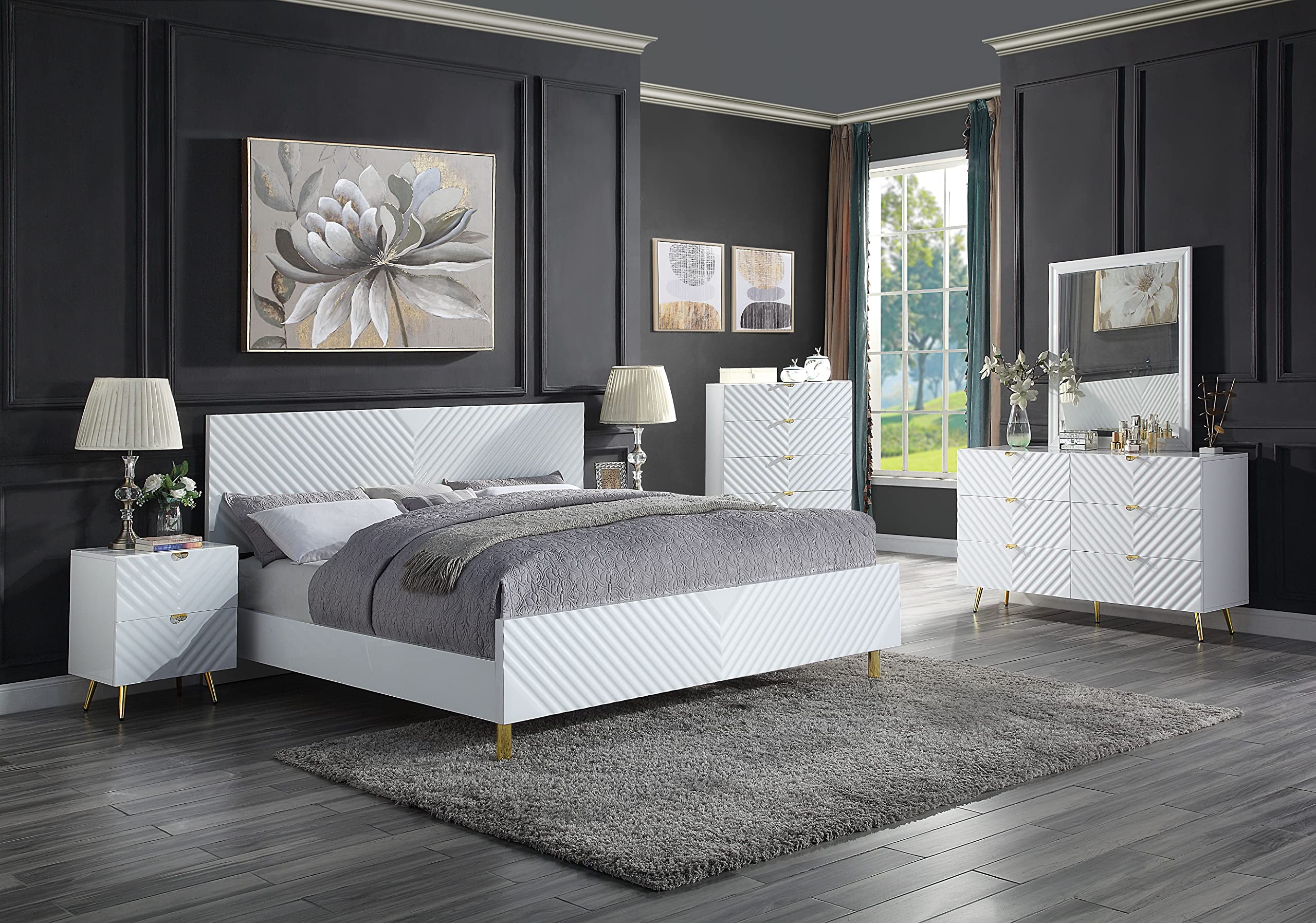 Acme Gaines Metal Legs Eastern King Bed in White High Gloss