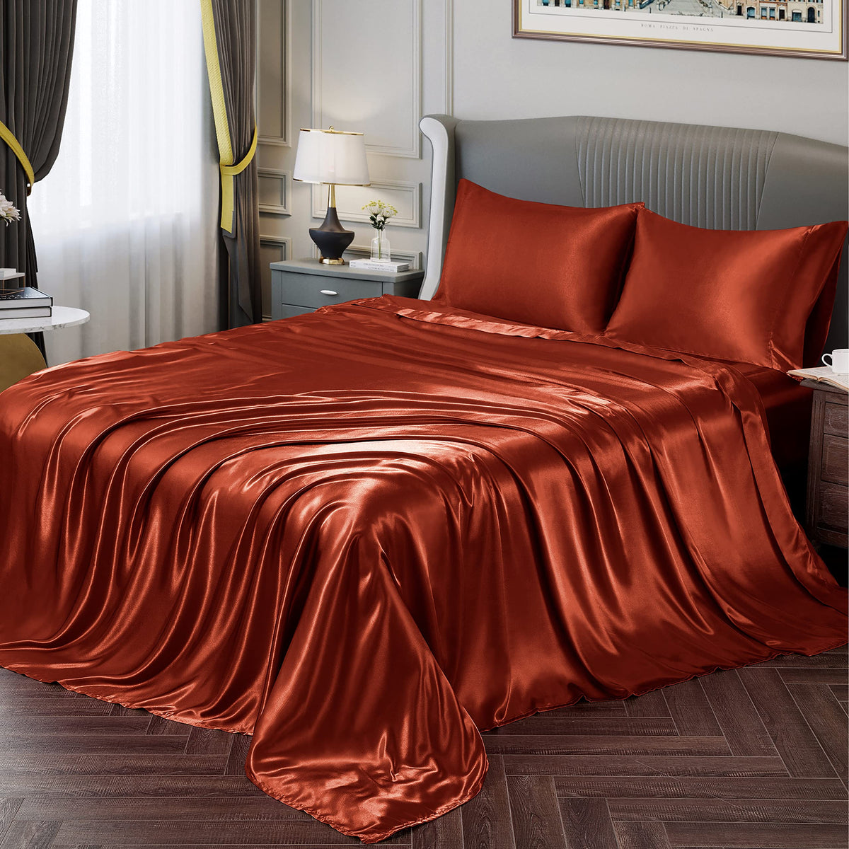 Vonty Satin Sheets Queen Silky Soft Satin Bed Sheets Rust Orange Satin Sheet Set, 1 Deep Pocket Fitted Sheet + 1 Flat Sheet + 2