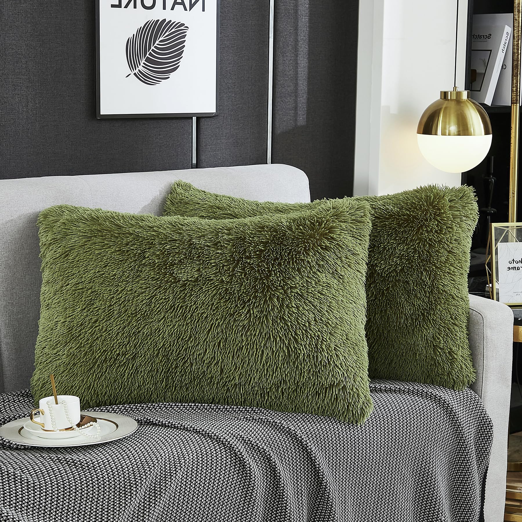 Werdim Shaggy Fluffy Faux Fur Pillowcases 2 Pack Button Closure Velvet Pillow Shams King Size (Sage Green, 20 X 36 Inches)