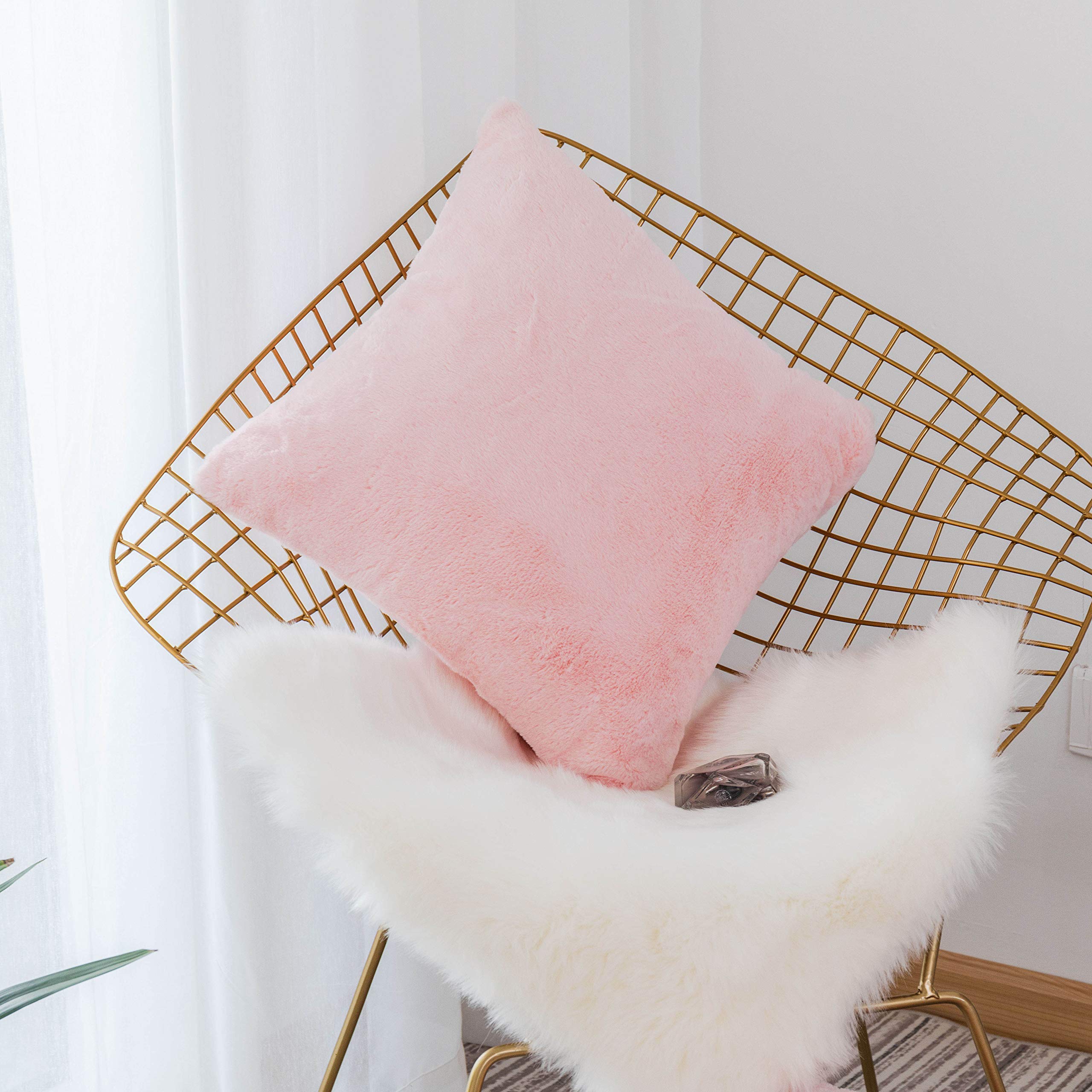 Home Brilliant Blush Fur Pillow Covers 18X18 Faux Lambskin Fur Pink Bedroom Accent Throw Pillows For Couch Sofa Bed, 1 Pc, 18 X