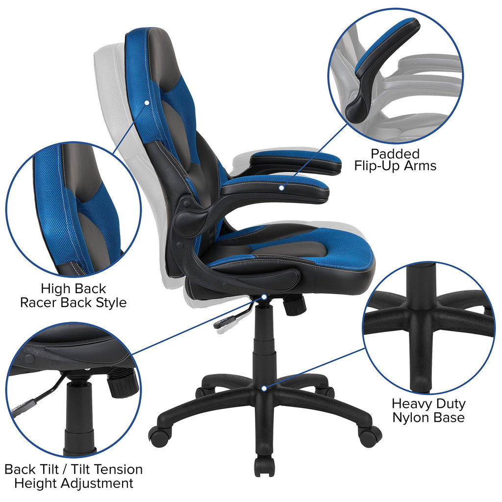 Flash Furniture Gaming Desk And Blue/Black Racing Chair Set/Cup Holder/Headphone Hook/Removable Mouse Pad Top - 2 Wire Management Holes
