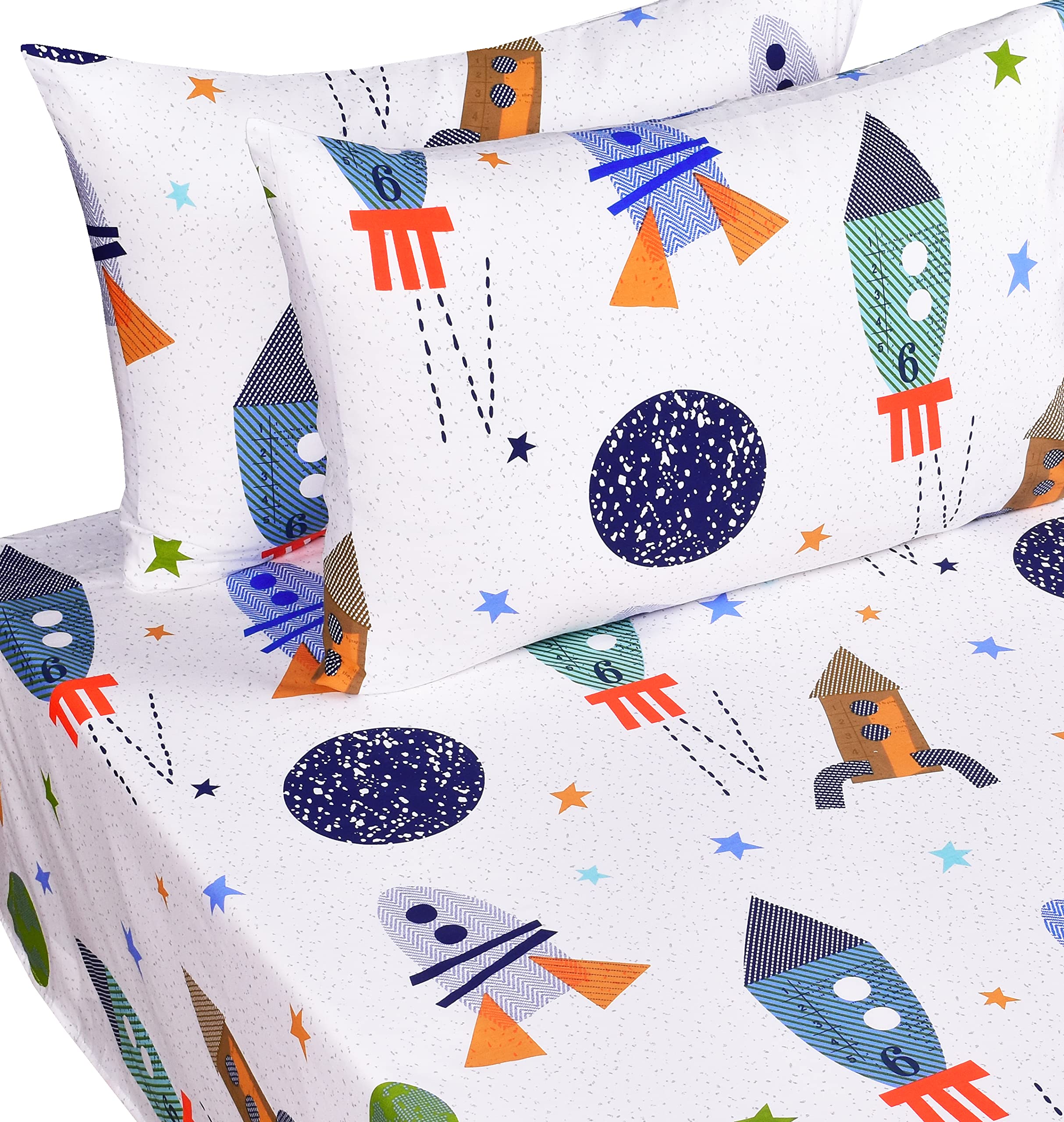 Scientific Sleep Outer Space Airship Rocket Star Explore Teen Boys Girls Cotton Cotton Full Bed Sheet Set, Flat Sheet & Fitted S