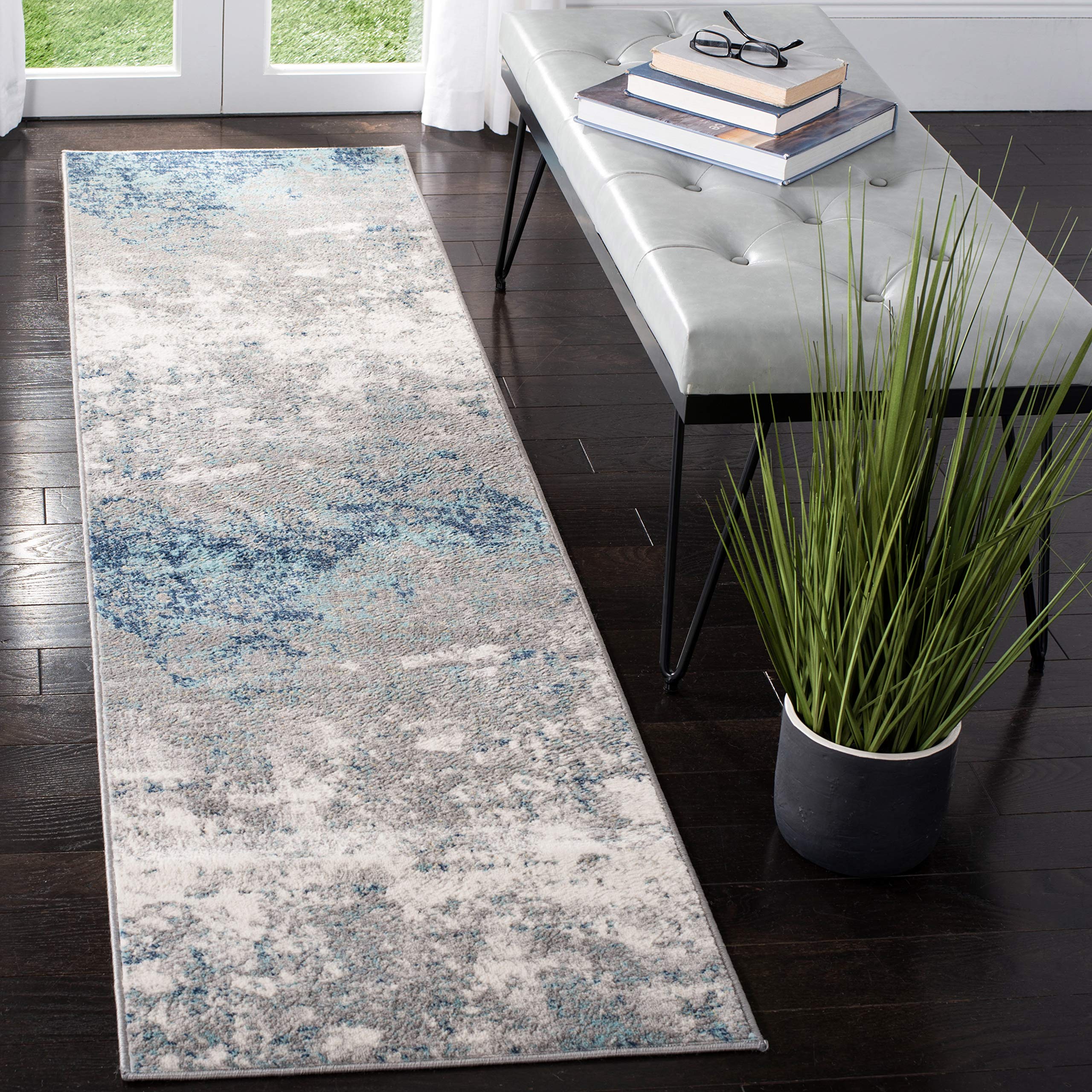 SAFAVIEH Brentwood Collection 2 x 20 Light Grey/Blue BNT822F Modern Abstract Non-Shedding Living Room Bedroom Runner Rug