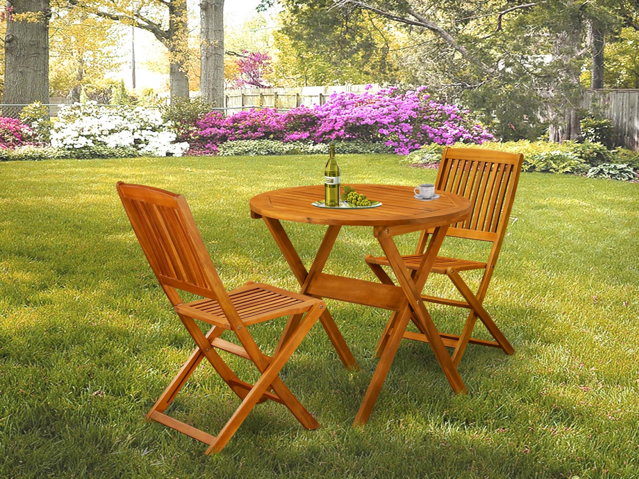 East West Furniture MNCM3CWNA Marion 3 Piece Patio Bistro Set Contains a Round Outdoor Acacia Wood Coffee Table and 2 Folding Side Chairs, 30x30 Inch, Natural Oil