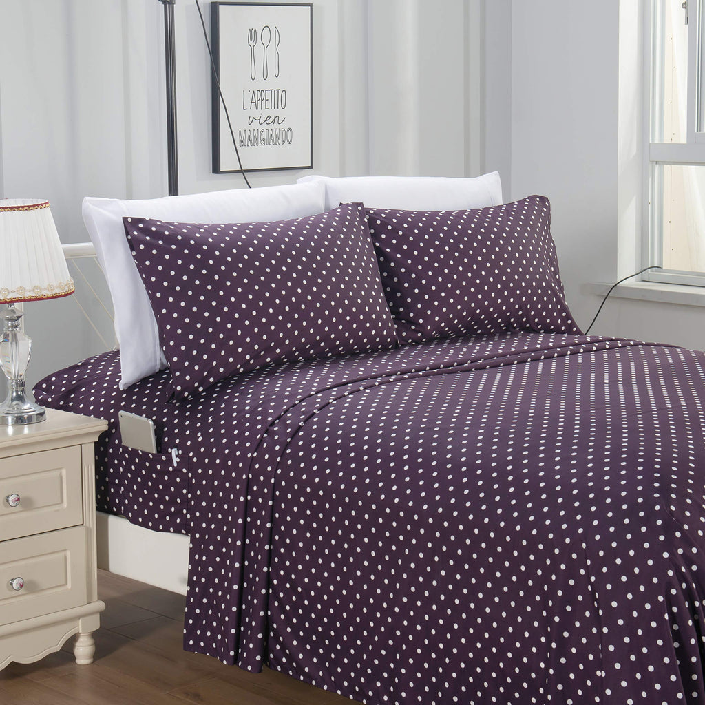 Elegant Comfort Delilah Polkadot 6-Piece Set, Fade & Wrinkle Resistant, 1500 Premium Hotel Quality Microfiber Deep Pocket Fitted Sheet Featuring Smart Pockets, Polkadot Sheet Set, Full, Purple