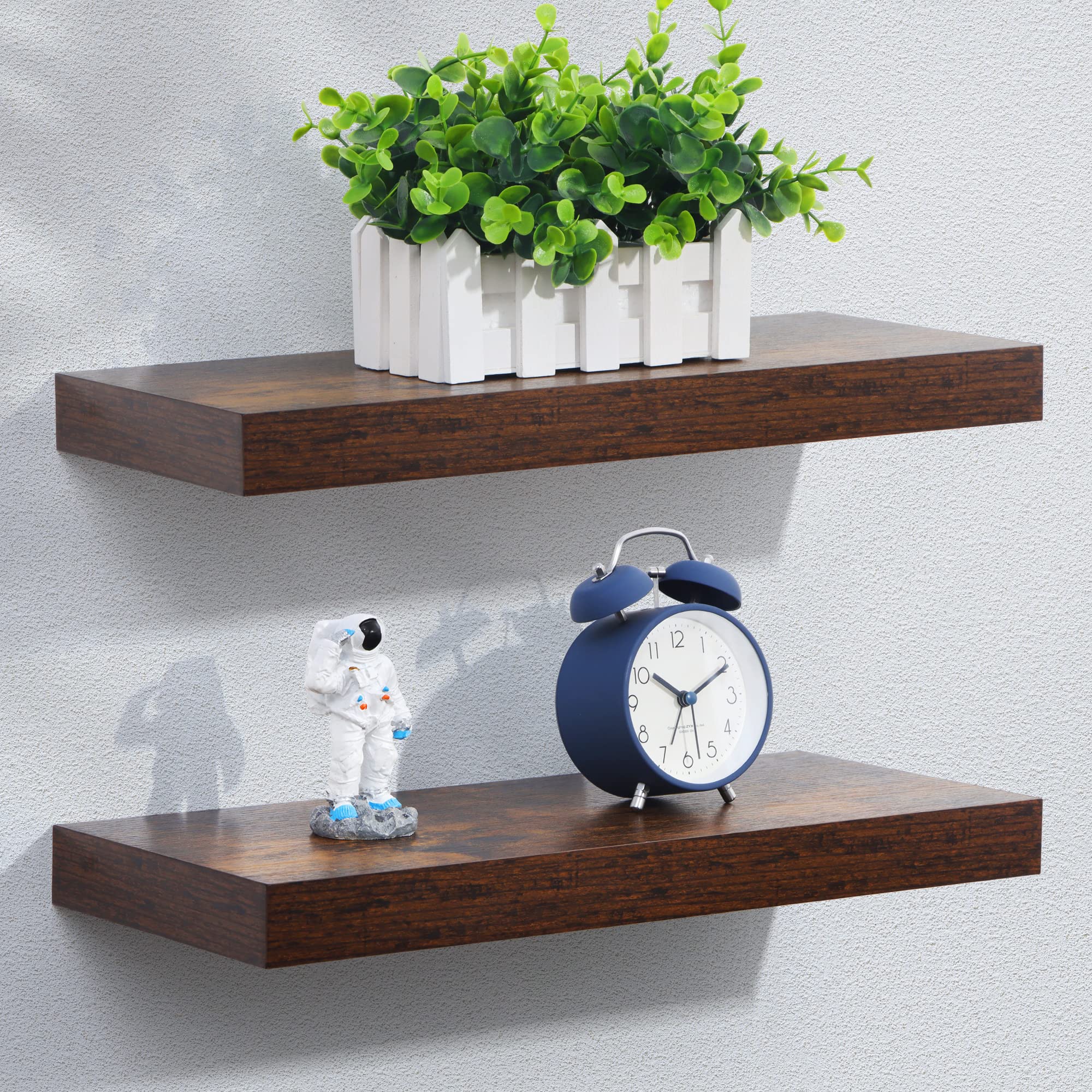 Floating Shelves - Rustic Brown Wall Shelf Set of 2 - 16W x 6.7D Wall Mounted Shelves for Wall Decor & Storage - Wooden Shelves 