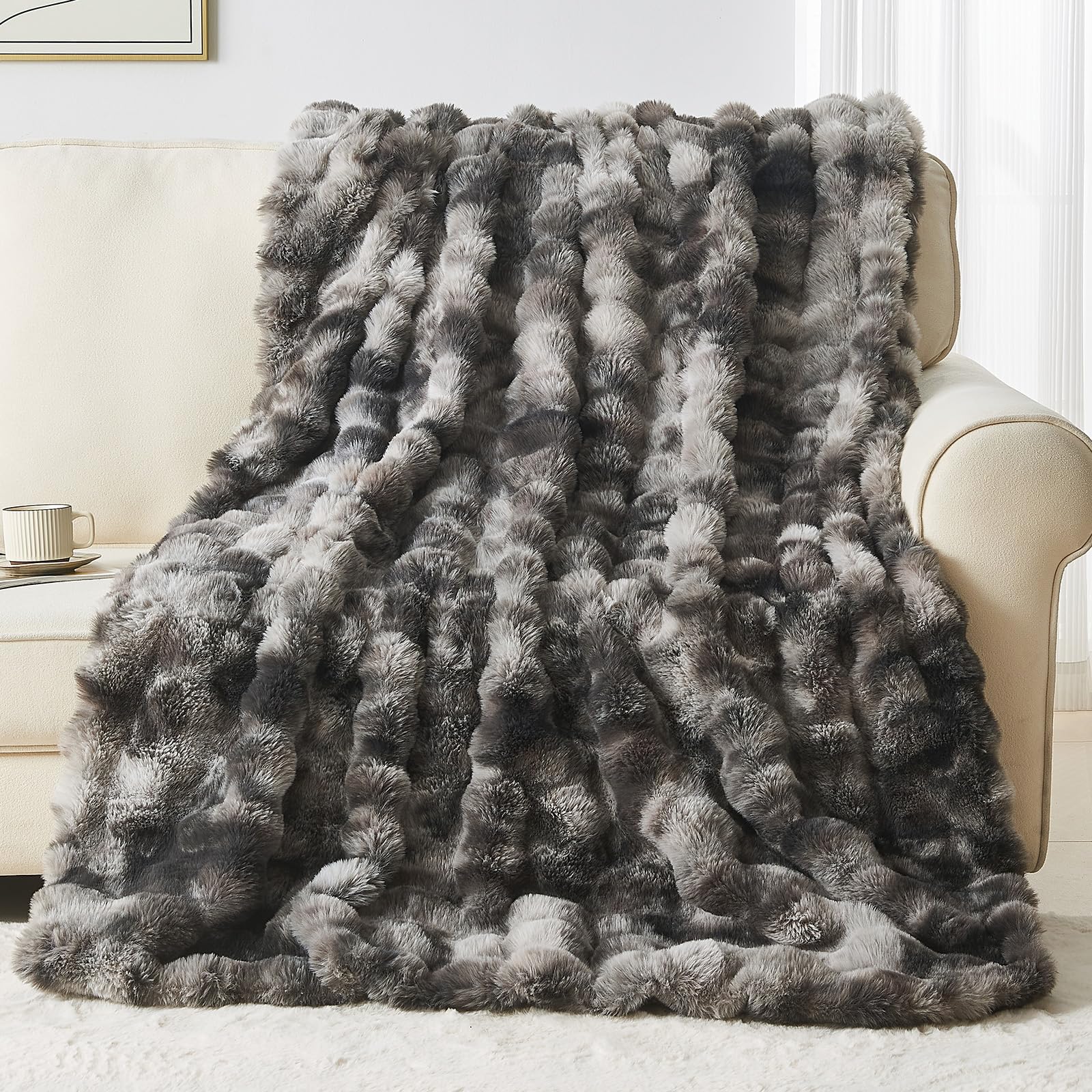 Lotus Karen Queen Size Faux Fur Blanket Tie-Dye Dark Gray - Big Bubble Rabbit Fluff Blanket For Bed, Large Fluffy Fuzzy Cozy Bla
