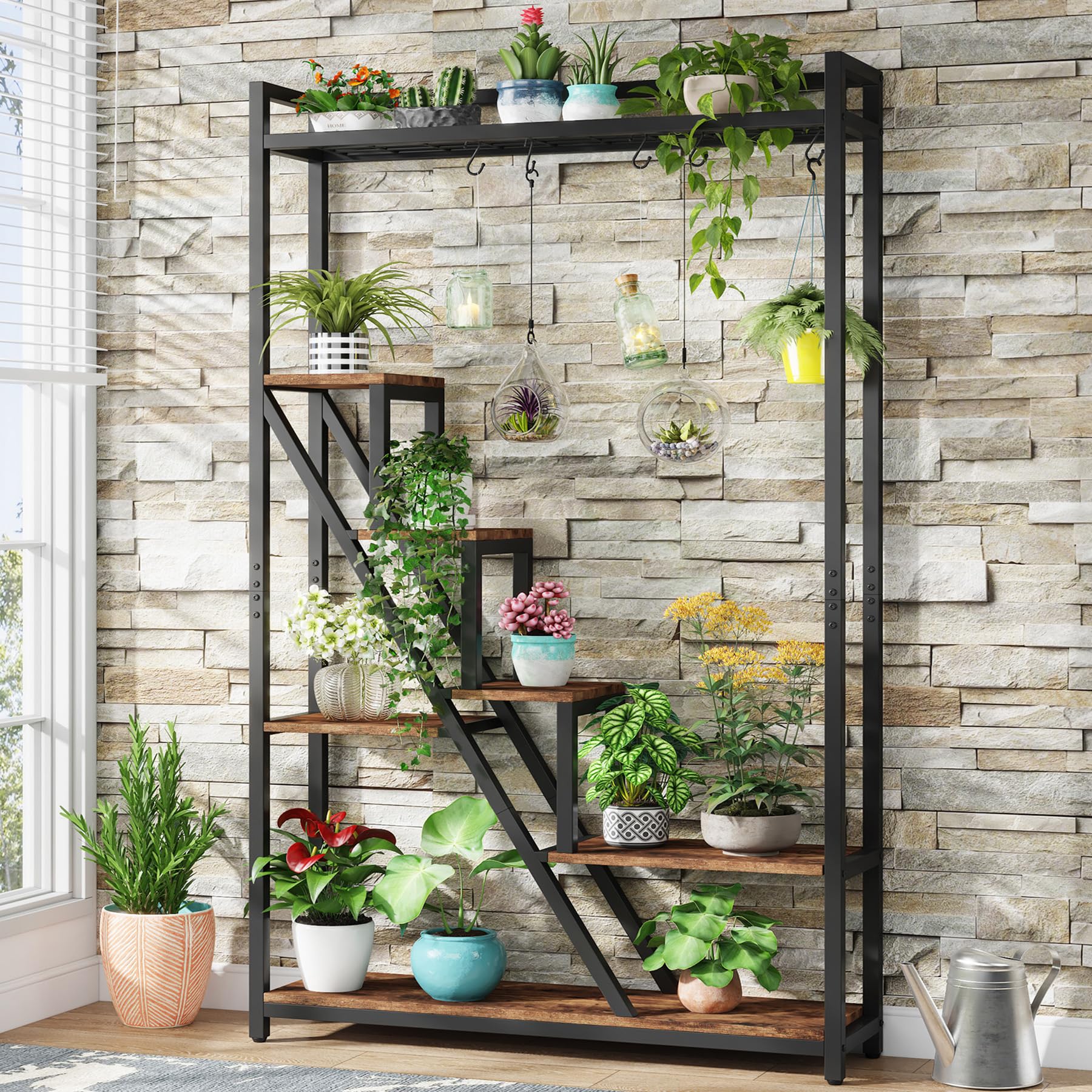 Tribesigns 70.9' Tall Indoor Plant Stand, 7-Tier Large Plant Shelf With 5 S-Hooks, Industrial Wood Flower Stand Display Rack Fo