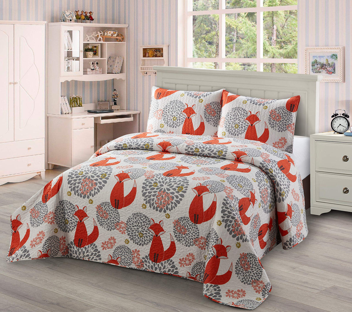 3Pc Full/Queen Quilt Bedspread Set Kids/Teens Fox White Grey Red Orange New