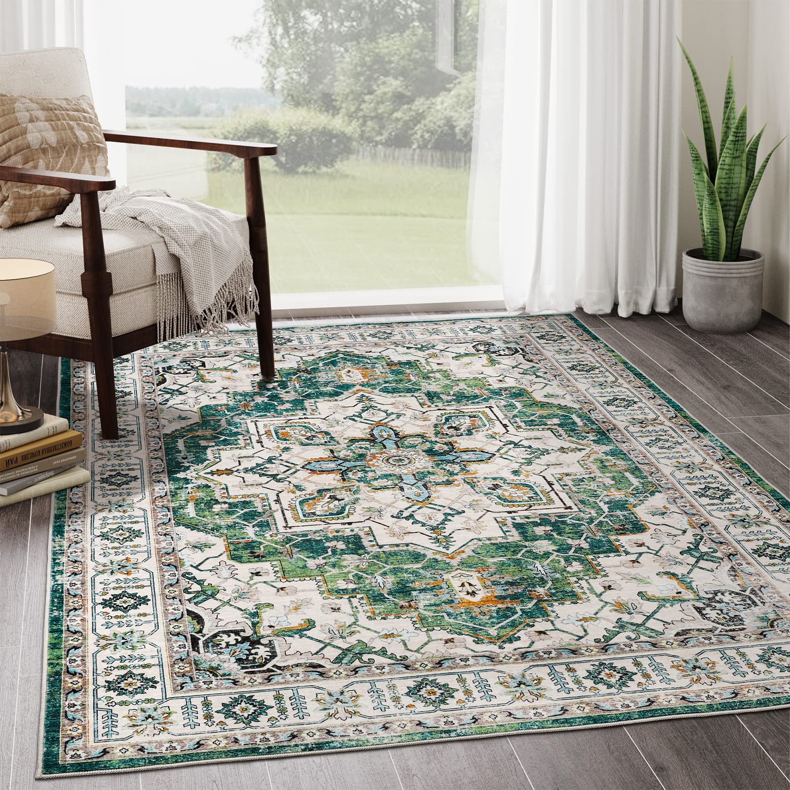 zesthome WashableRug 5x7 Area Rugs,Stain Resistant Rugs for Living Room,Bedroom,Non-Slip Backing Home Decor Rug, Vintage Medalli