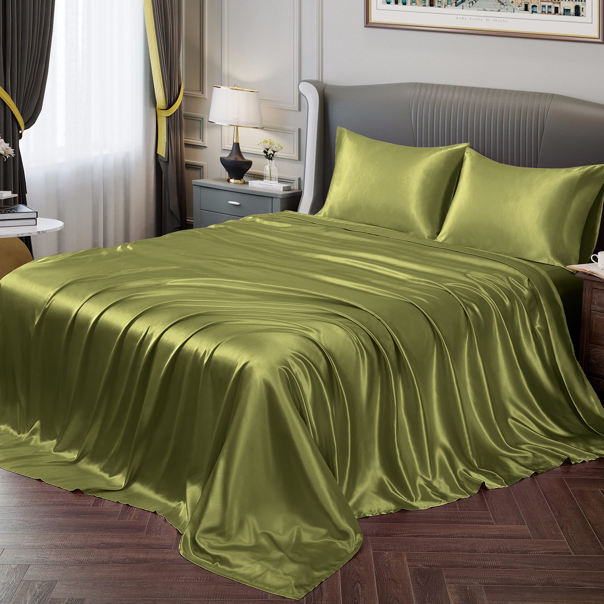 Vonty Satin Sheets Twin Silky Soft Satin Bed Sheets Sage Green Satin Sheet Set, 1 Deep Pocket Fitted Sheet + 1 Flat Sheet + 1 Pi