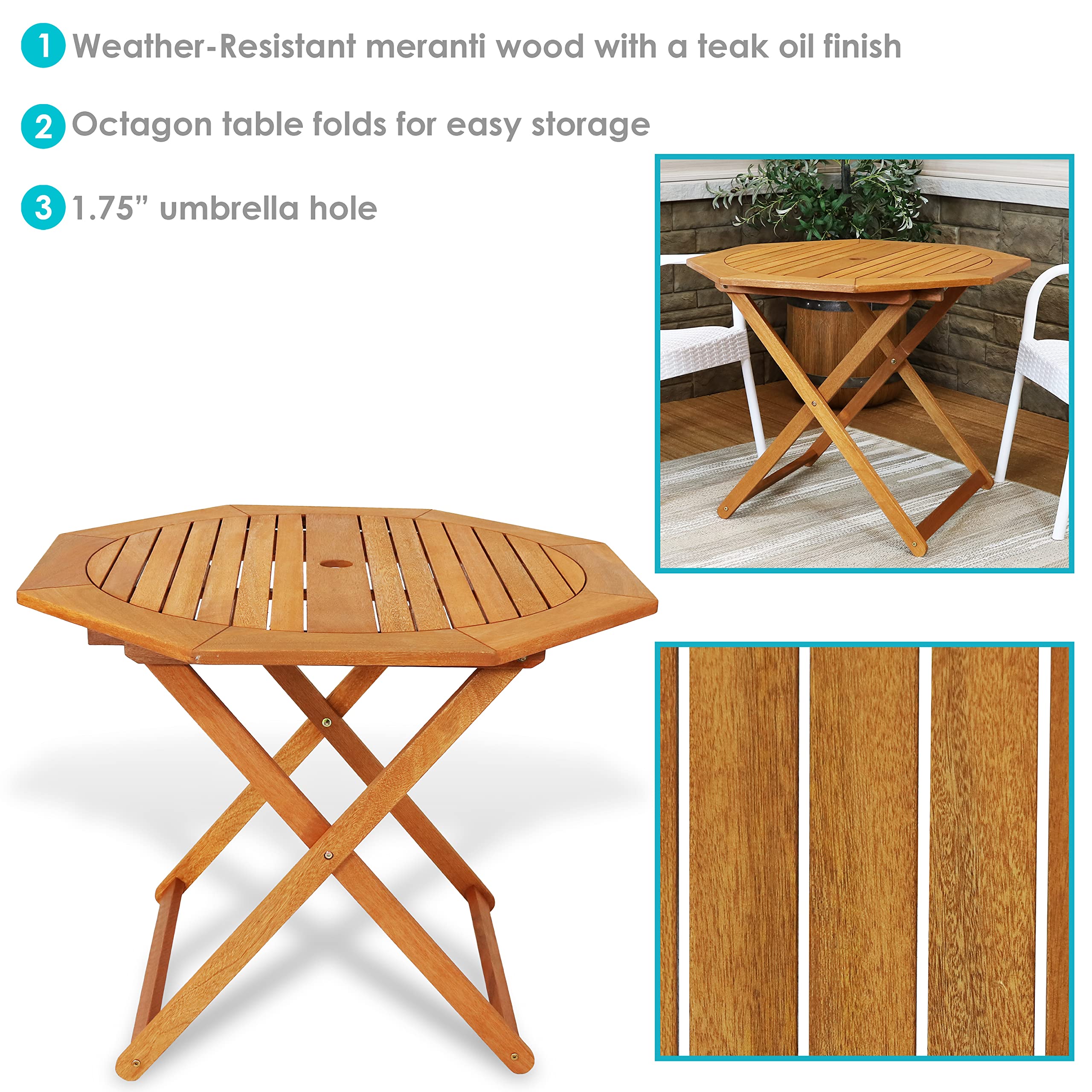Sunnydaze Meranti Wood Octagon Outdoor Folding Patio Table - Thumbnail 4