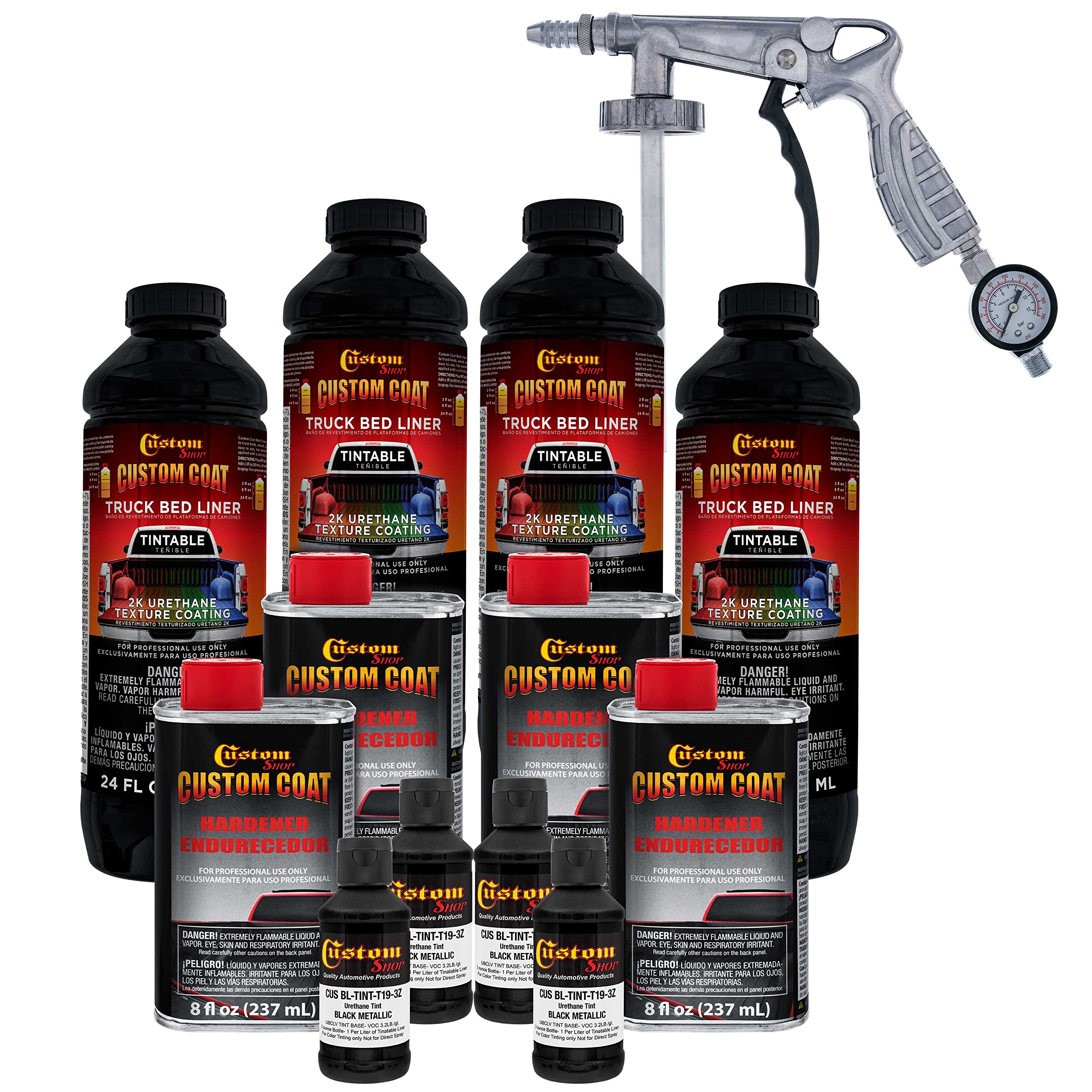 Custom Coat Black Metallic 1 Gallon Urethane Spray-On Truck Bed Liner Kit With Spray Gun And Regulator - Easy Mixing, Shake, Sho