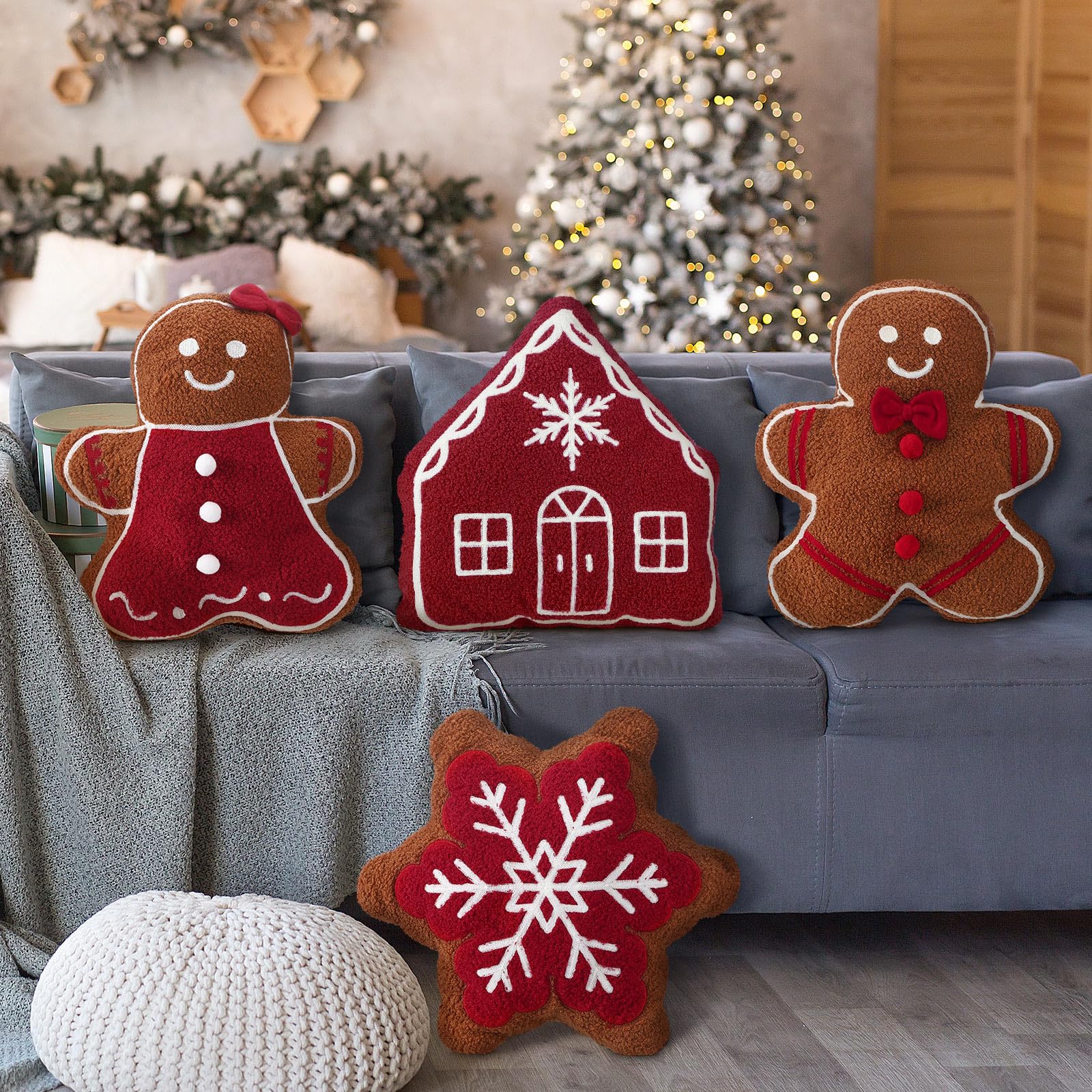 HunnmingRe 4 Pcs Christmas Throw Pillows Plush Gingerbread Men Gingerbread House Snowflake Shaped Pillow for Christmas Winter Ho