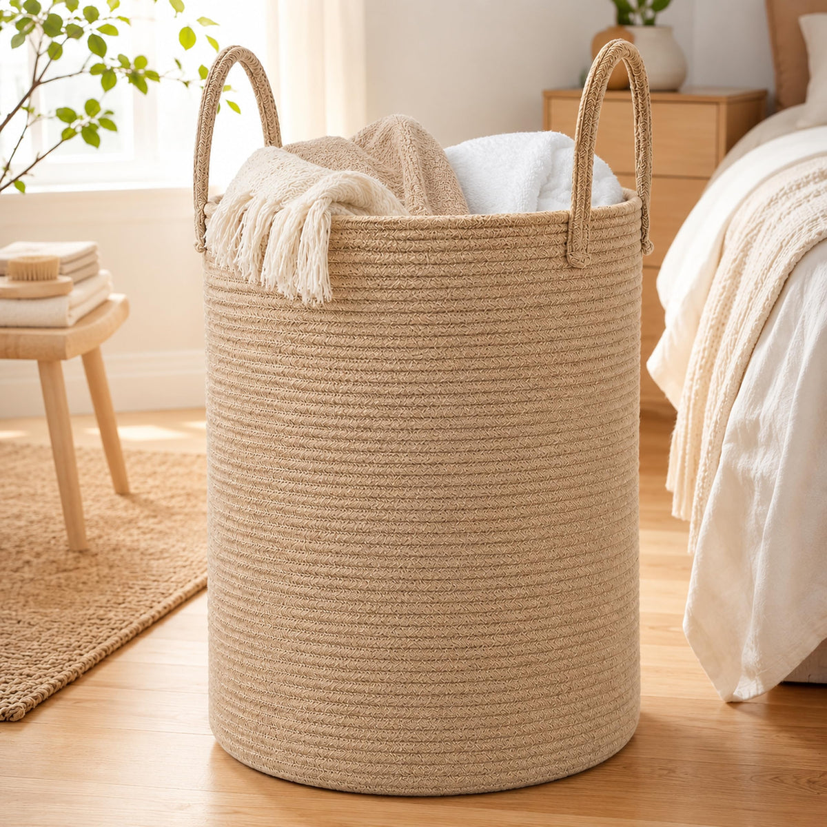 Jute Rope Laundry Hamper Basket, 58L Tall Woven Laundry Basket with Handles, Large Clothes Hamper for Blanket Storage, Towels, T