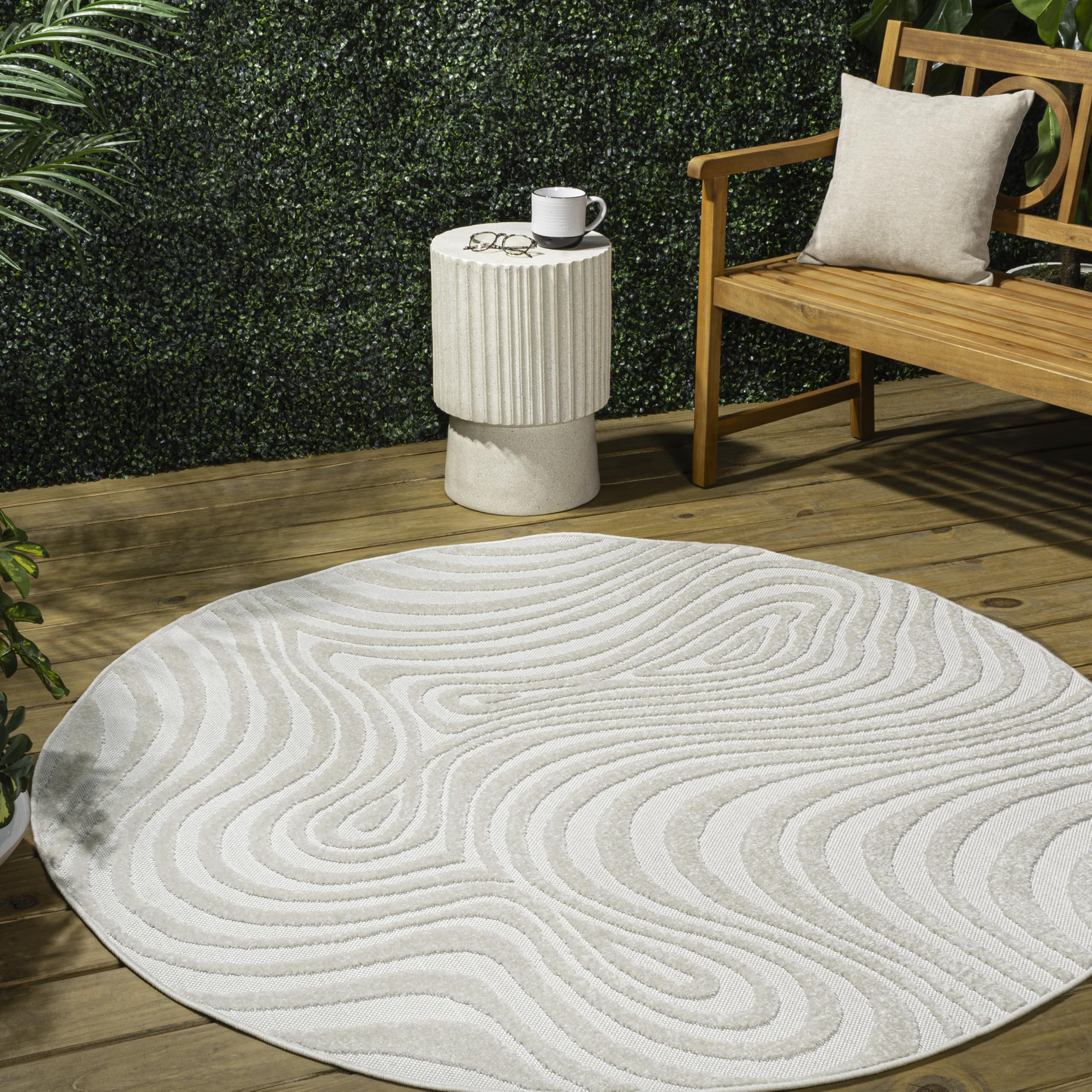 Jonathan Y Scn103A-7R Maribo High-Low Abstract Groovy Striped Cream/Ivory 7' Round Indoor/Outdoor Area Rug, Pet Friendly, Non-Sh