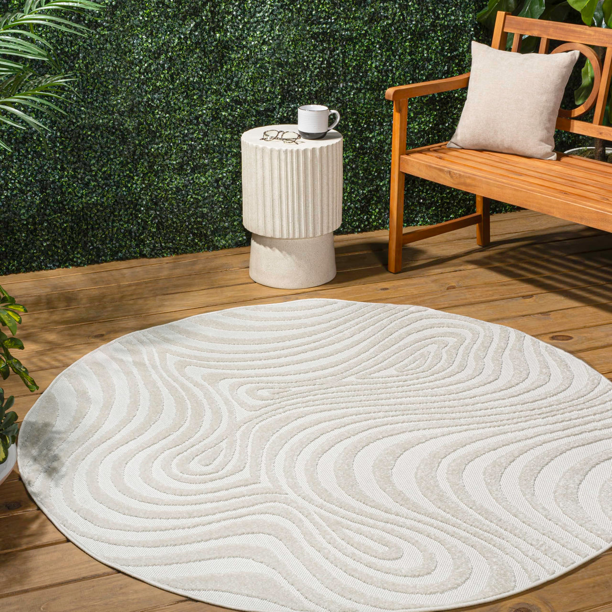 Jonathan Y Scn103A-5R Maribo High-Low Abstract Groovy Striped Cream/Ivory 5' Round Indoor/Outdoor Area Rug, Pet Friendly, Non-Sh