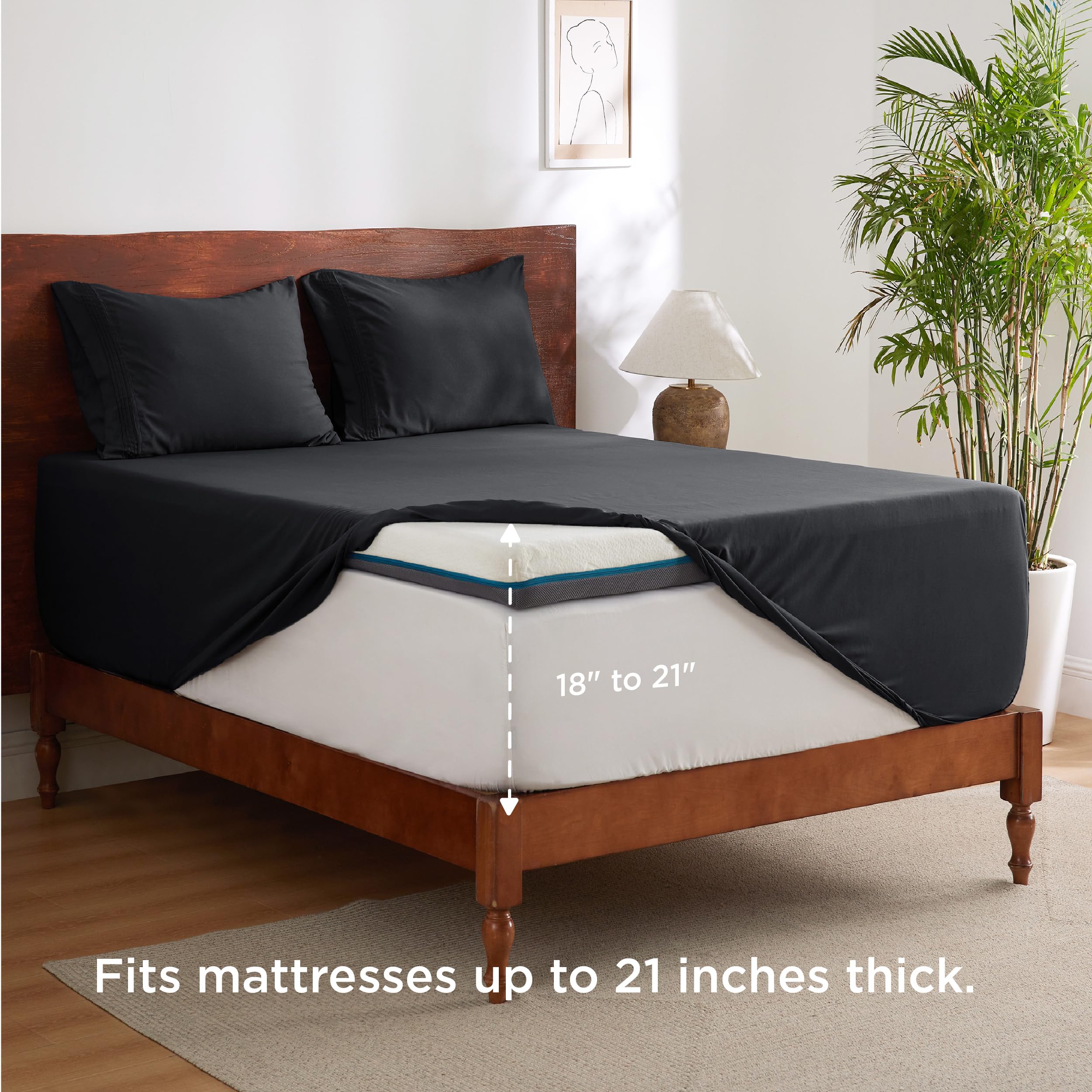 Bedsure Full Size Deep Pocket Sheets Set - Black, 4 Piece Moisture Wicking Cooling Bedding for Mattresses Up to 21 Thick