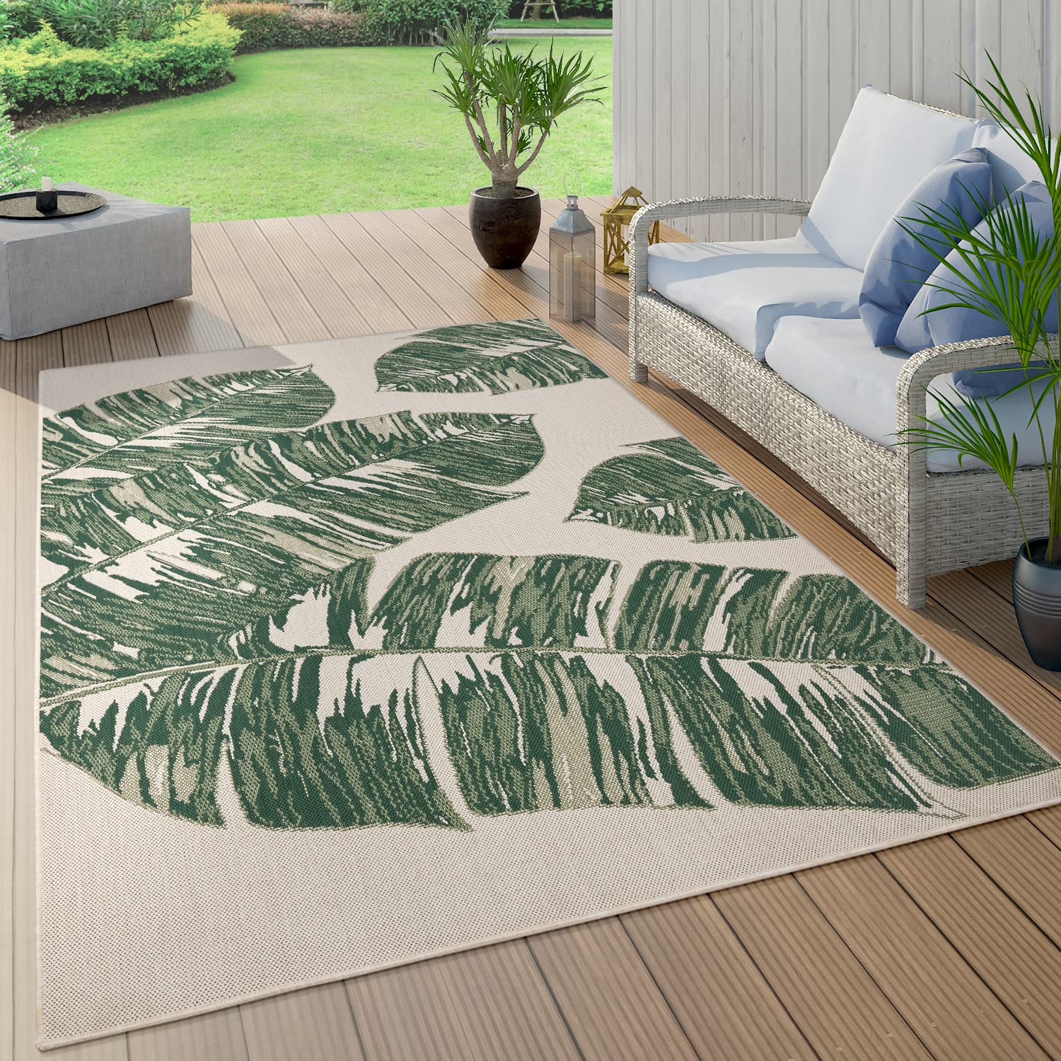 Tropical Outdoor Rug Jungle Leaves Design For Patio In Green Beige, Size: 6'7' X 9'6'