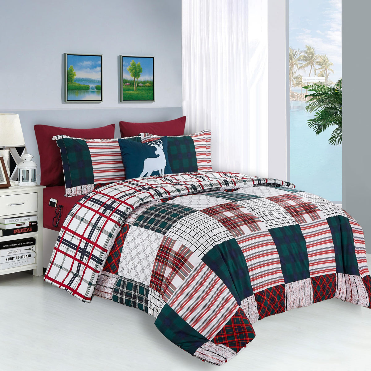Elegant Comfort Silky Soft 8-Piece Cabin Lodge Bed-In-A-Bag Comforter Set, Includes 4Pc Smart Sheet Set, Comforter, Decorative Pillow, Matching Pillowcases And Shams - Twin/Twin Xl, Burgundy