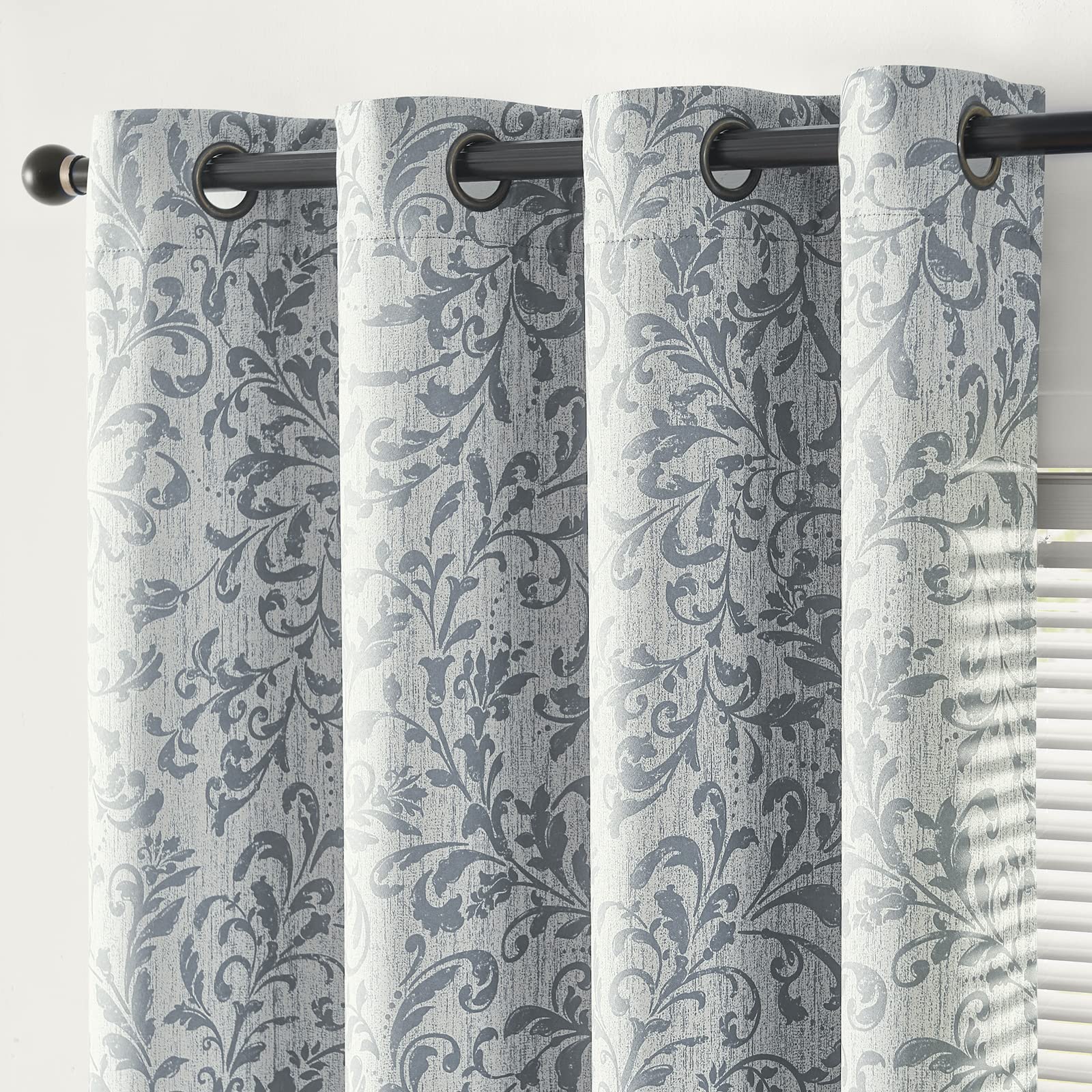 Jinchan 100% Blackout Curtains For Bedroom 90 Inches Long Silver Grey Scroll Floral Window Curtains For Living Room Farmhouse Vintage Drapes Thermal Insulated Grommet Window Treatments 2 Panels Set