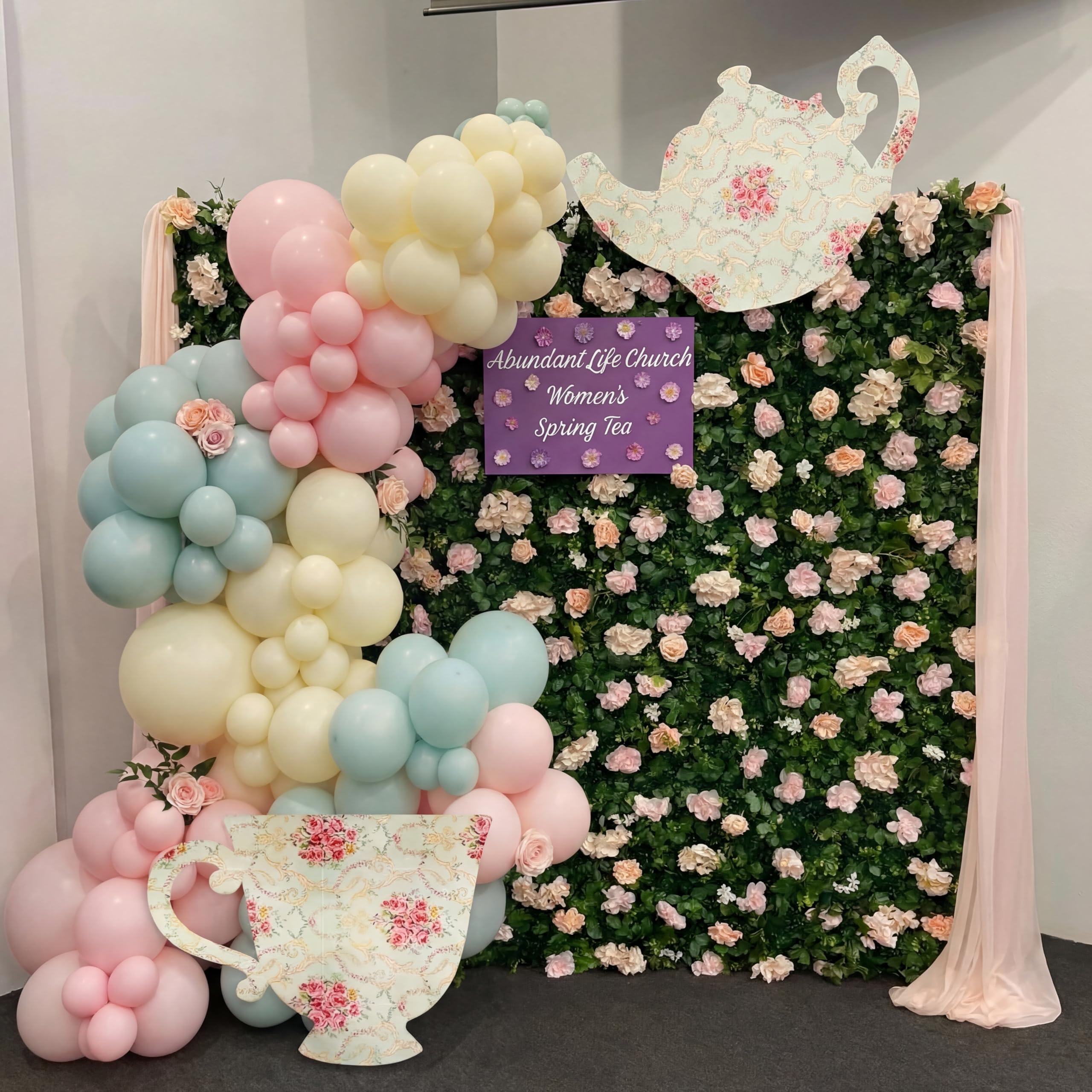 Bucherry Tea Party Decorations Set 2 Pcs Wonderland Teapot Teacup Arch with 135 Pcs Macaron Green Pink Yellow Balloons for Tea P