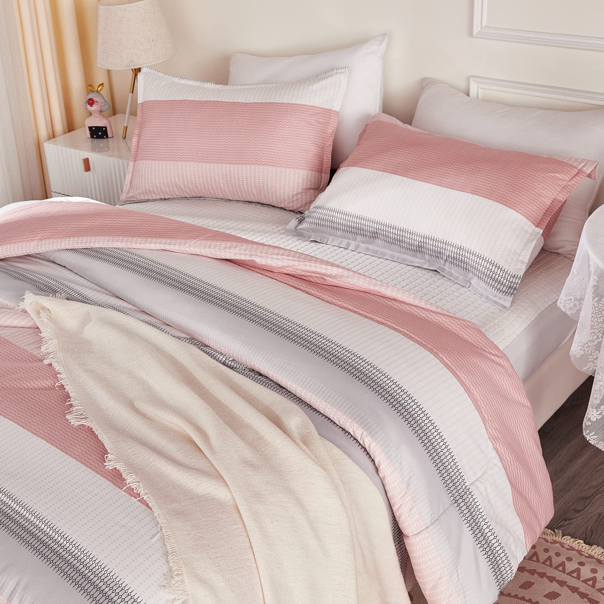 Litanika Pink Full Size Comforter Sets For Girls, 3 Pieces Blush White Colorblock Women Lightweight Bedding Comforter Set