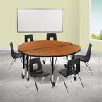Flash Furniture Mobile 47.5" Circle Wave Collaborative Laminate Activity Table Set With 14" Student Stack Chairs, Oak/Black