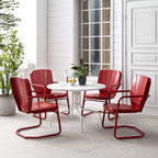 Crosley Furniture Ridgeland 5-Piece Outdoor Dining Set for 4, Retro Metal Round Patio Table and Chairs, Bright Red Gloss