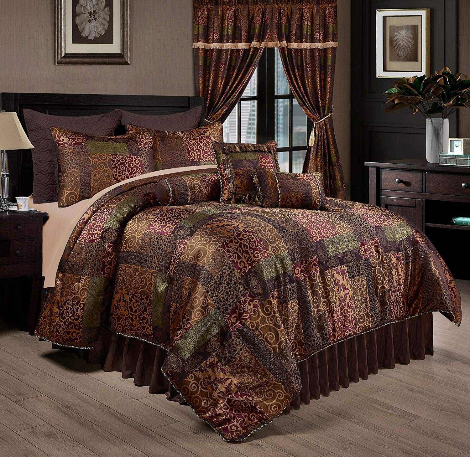 Chezmoi Collection Amelia 9-Piece Floral Jacquard Patchwork Comforter Set, King, Multi-Color