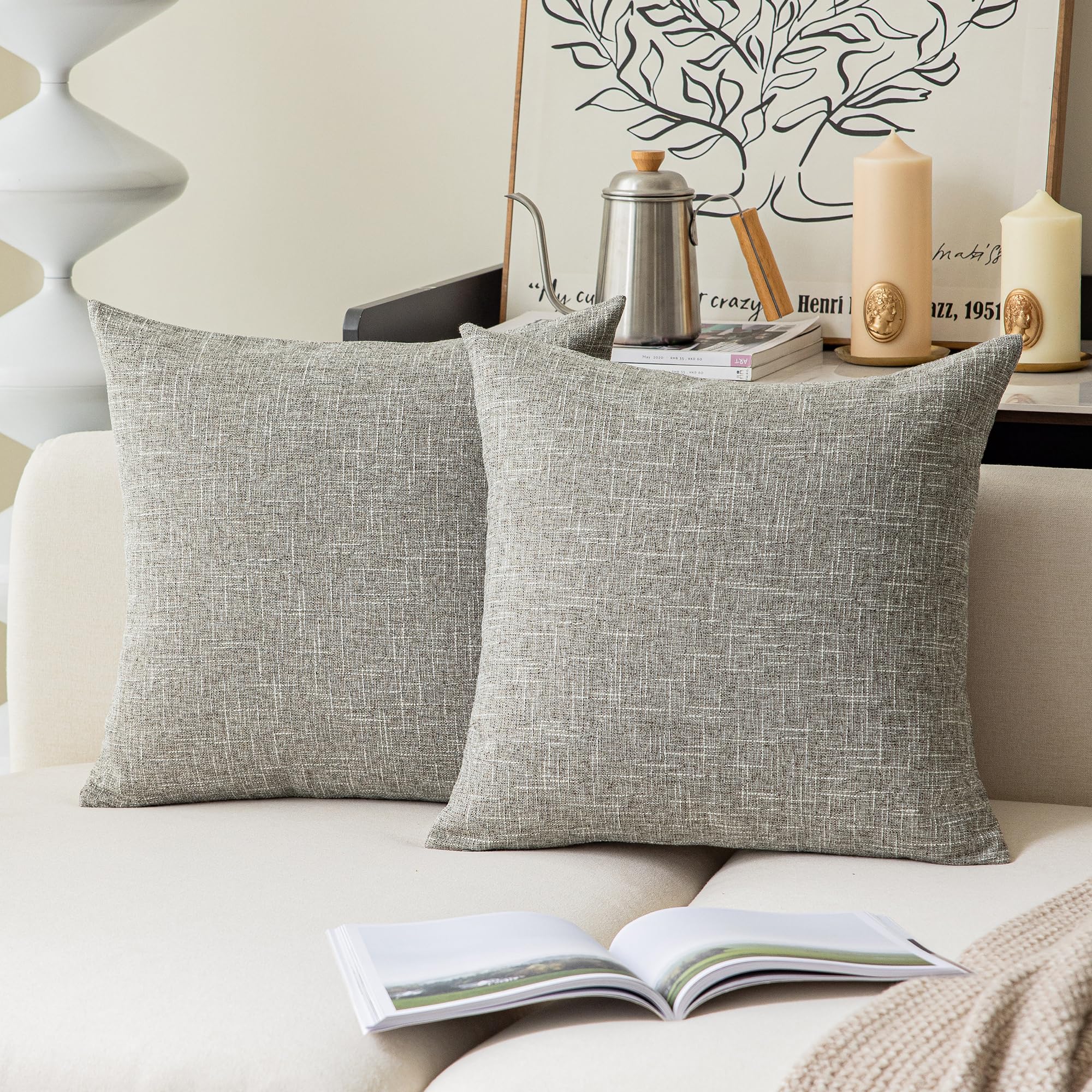 Kevin Textile Faux Linen Square Throw Pillow Covers Sham Cushion Case For Car/Couch Use, 16 Inch X 16 Inch (2 Packs, Sesame Grey